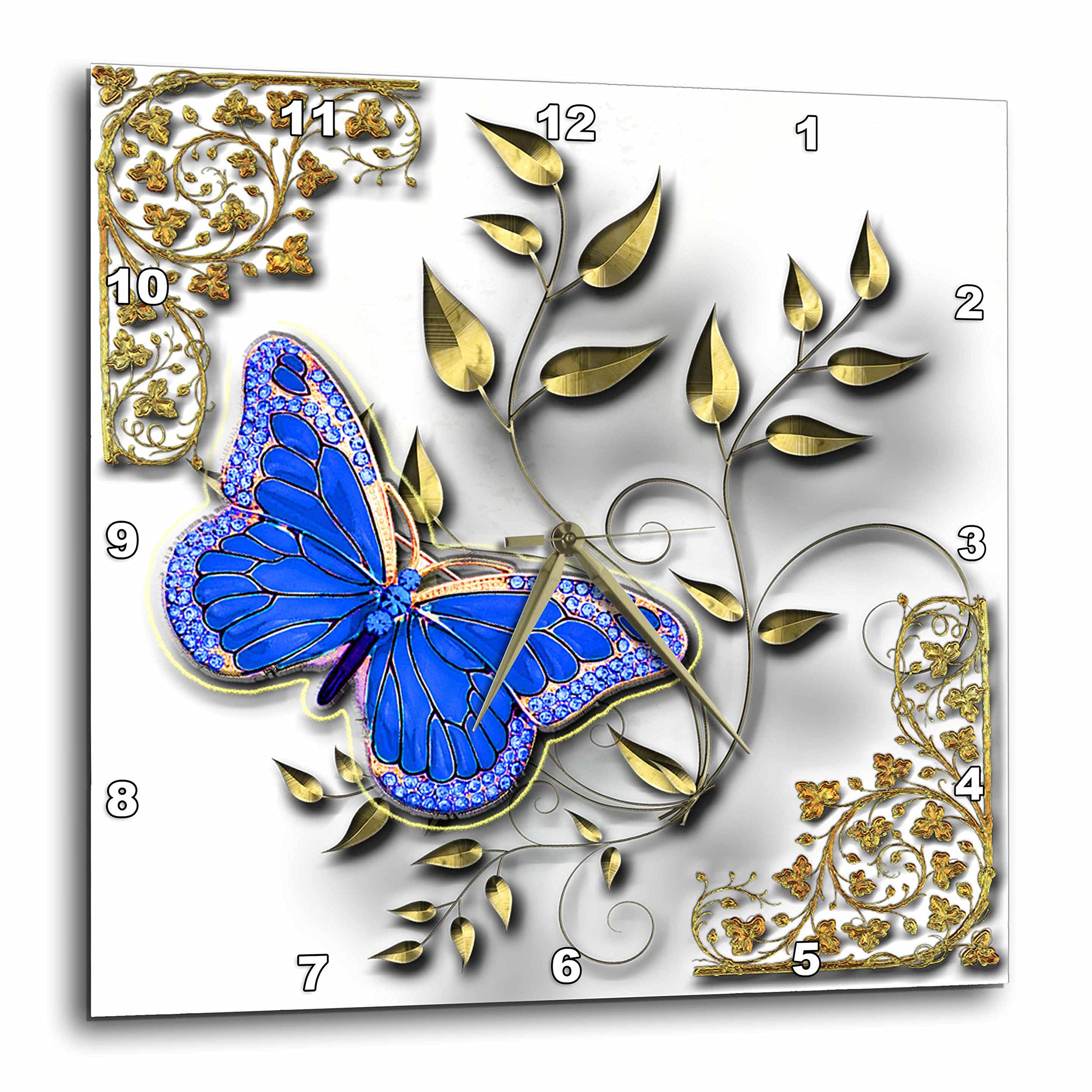 3D Rose Blue Butterfly & Gold Accents Wall Clock - 10x10 Inches - Elegant Home Decor for Living Room, Bedroom, Office | Perfect Gift Idea for Housewarming, Birthday, Anniversary