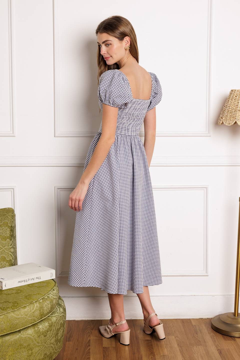 DOROTHY'S DREAM Navy Blue Gingham Puff Sleeve Midi Dress - Perfect for Summer Picnics, Garden Parties & Casual Outings