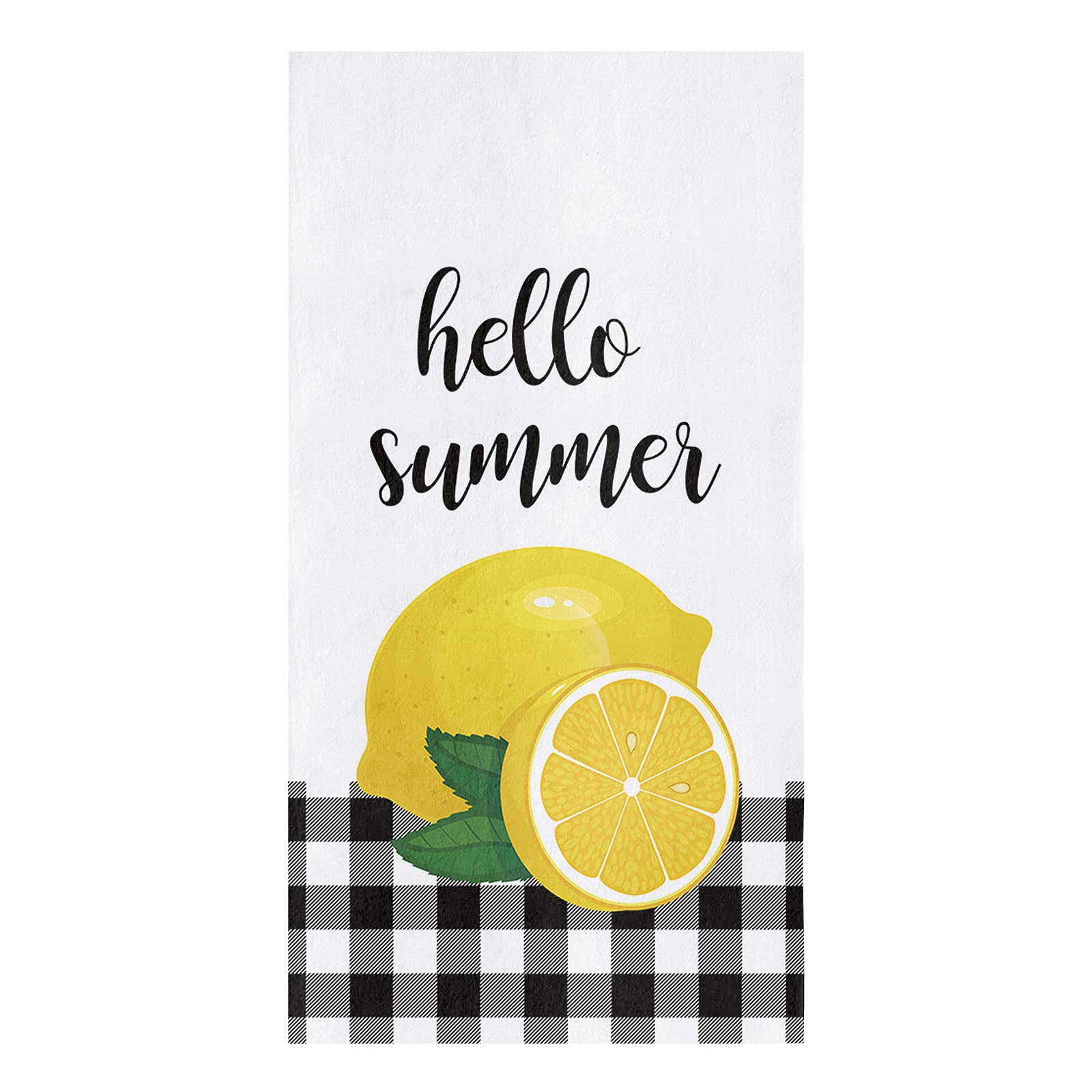 1 Pack Absorbent Reusable Kitchen Towels 18x28 Inch - Soft Terry Cloth Dish Towels with Retro Farm Buffalo Check Lemon Yellow Watercolor Design - Perfect for Dish Drying, Hand Wiping & Kitchen Cleaning