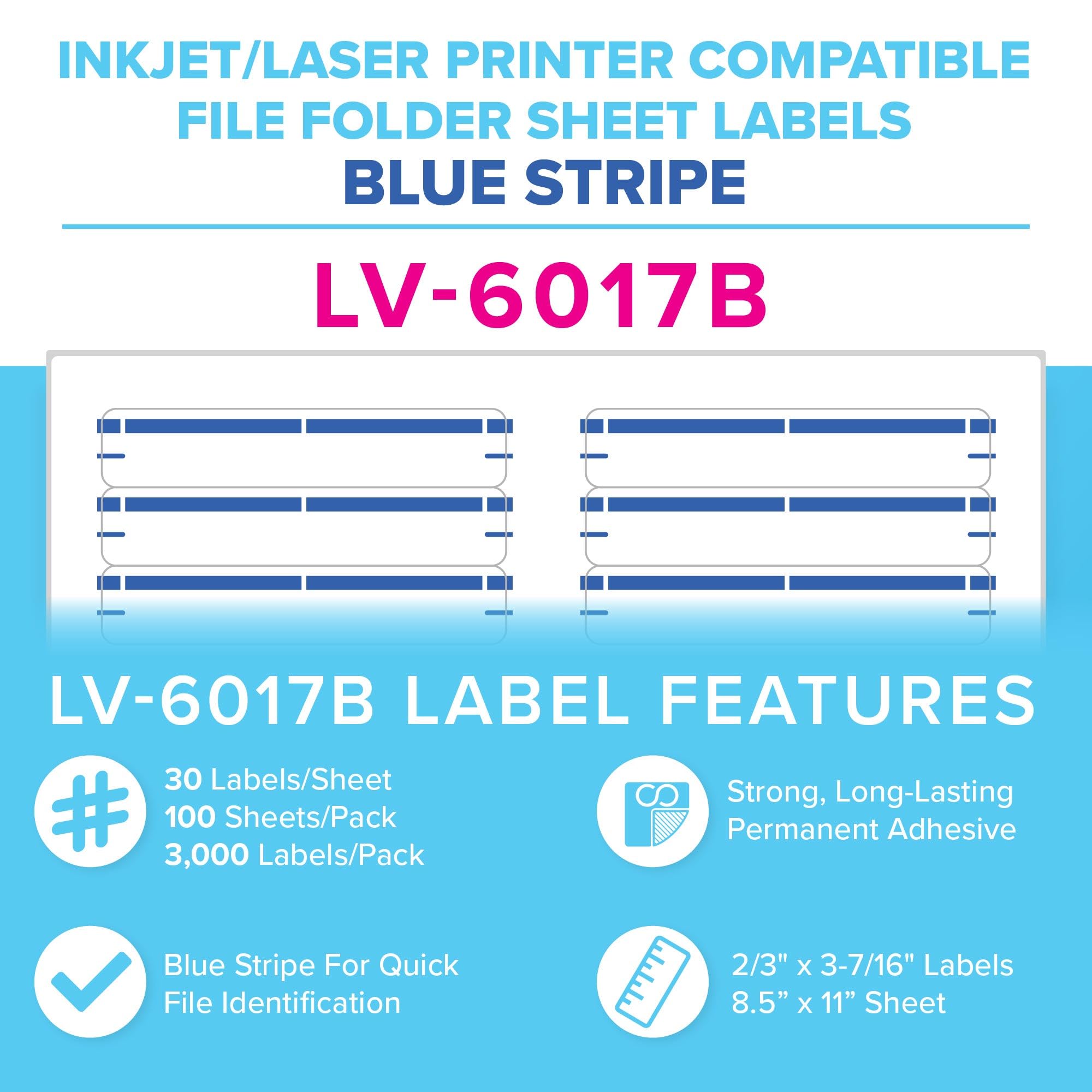 Inkjet & Laser Printer Sheet Labels - Blue, 30 Labels per Sheet (100 Sheets/3000 Labels Total) | Perfect for Office Organization, Shipping & Mailing