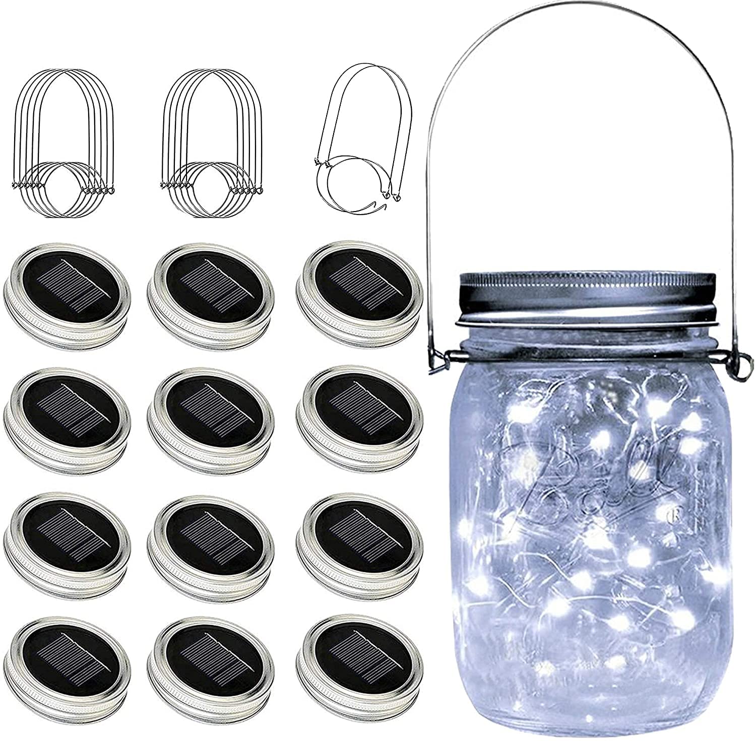 YJFWAL 12 Pack Mason Jar Solar Lights - 30 LED Fairy Lights with Firefly Lid & Hangers for Outdoor Decor | Perfect for Garden, Patio, Yard, Party, Birthday, Wedding & Christmas Decoration | Solar Powered Waterproof Lighting Solution