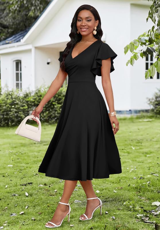 Elegant Women's Cocktail Midi Dress with V Neck & Ruffle Short Sleeve Wrap - Perfect for Wedding Guest, Semi Formal Events & A Line Party Dresses | Great for Bridal Showers, Date Nights & Special Occasions