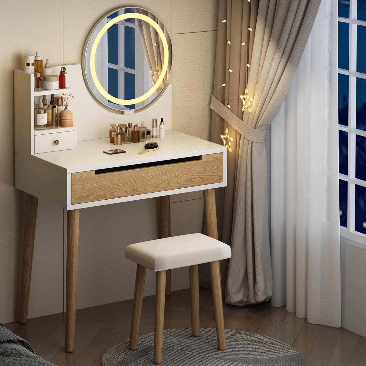 GARVEE 31.5 Inch White Vanity Desk with Stool, Touch Light Mirror & 2 Drawers - Modern Makeup Dressing Table for Bedroom, Perfect for Cosmetics Storage & Beauty Routine