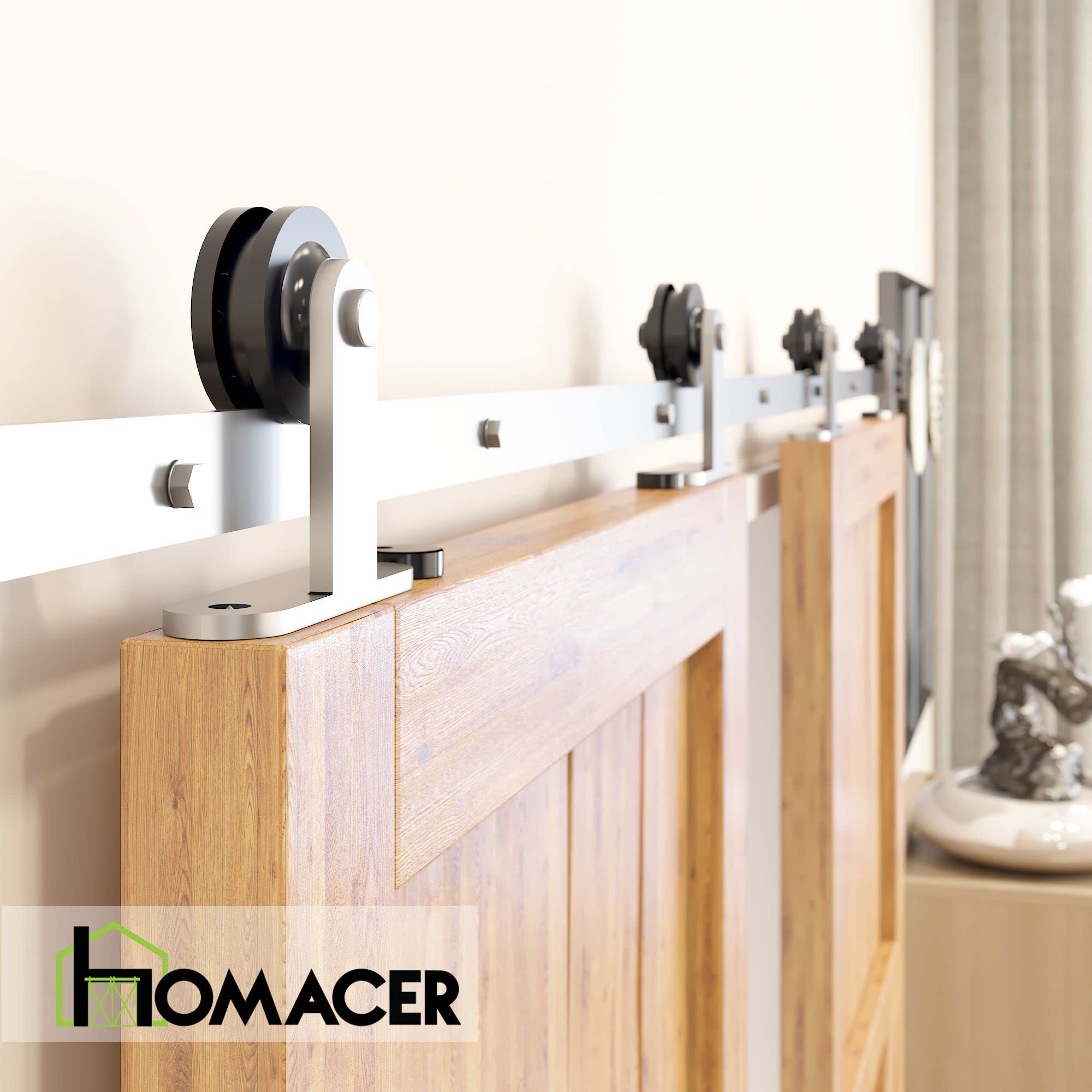 Homacer Brushed Nickel Sliding Barn Door Hardware Kit - Heavy Duty Non-Bypass Track System for Double Doors (7ft Flat Rail, T-Shape Rollers) - Perfect for Interior & Exterior Home, Office, and Commercial Spaces