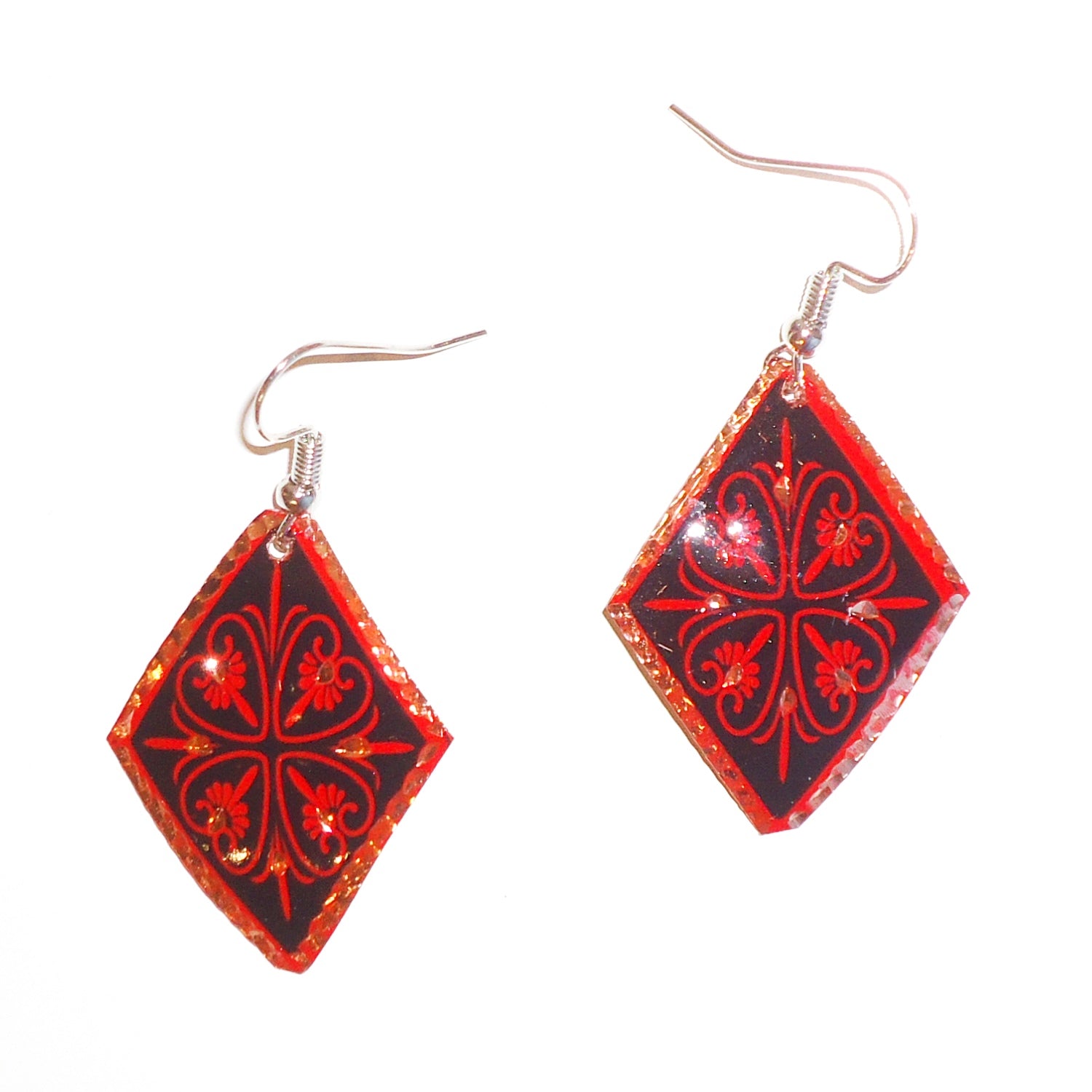 Handmade Etched Copper Floral Earrings with Red Diamond Accents - Elegant Bohemian Jewelry for Women, Perfect for Weddings, Parties & Special Occasions