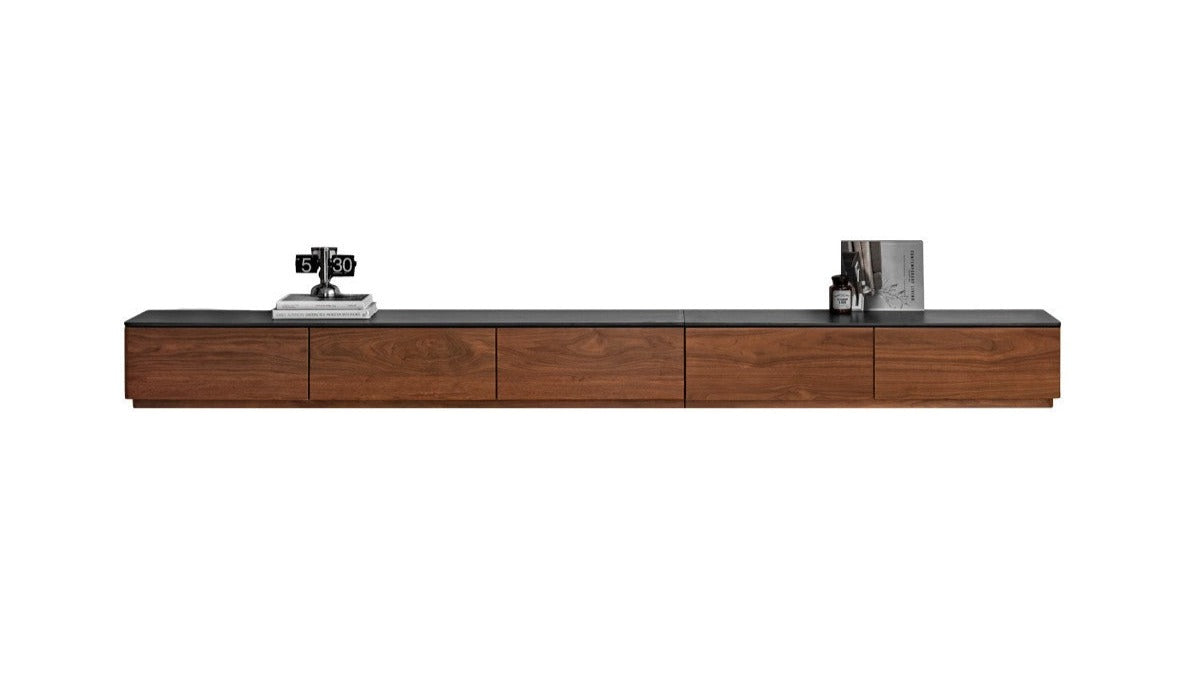 Black Walnut Solid Wood TV Stand with Rock Slab - Rustic Modern Entertainment Center for Living Room, Bedroom & Home Theater