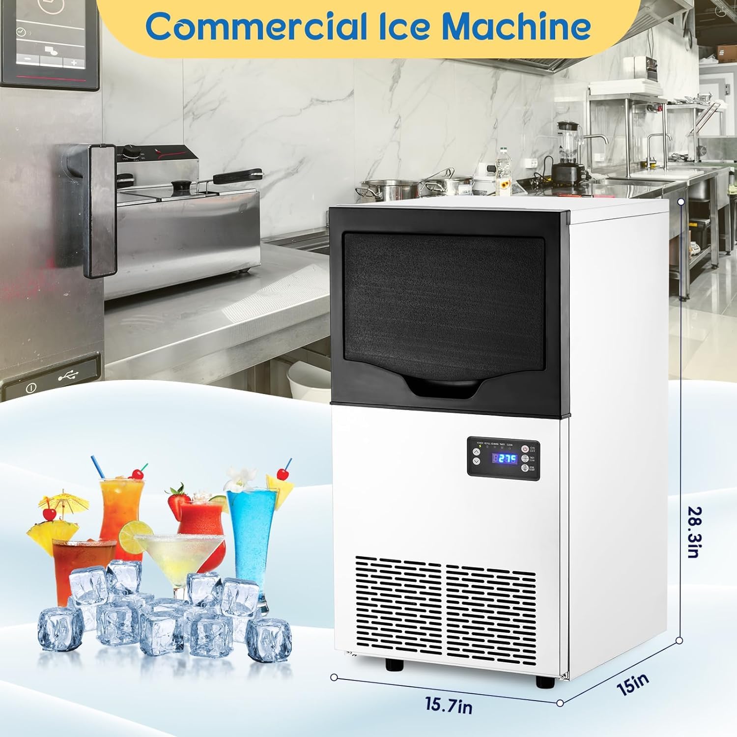 Commercial Ice Maker Machine 100 Lbs/24H, Stainless Steel Freestanding Ice Machine with 33LBS Storage Bin - Fast Ice Production in 5-15 Minutes - Under Counter Ice Maker for Restaurants, Bars, Coffee Shops & Home Use - Perfect for Beverage Service, Parties & Commercial Kitchens - Ideal for Cocktail Bars, Outdoor Events, and Catering Services