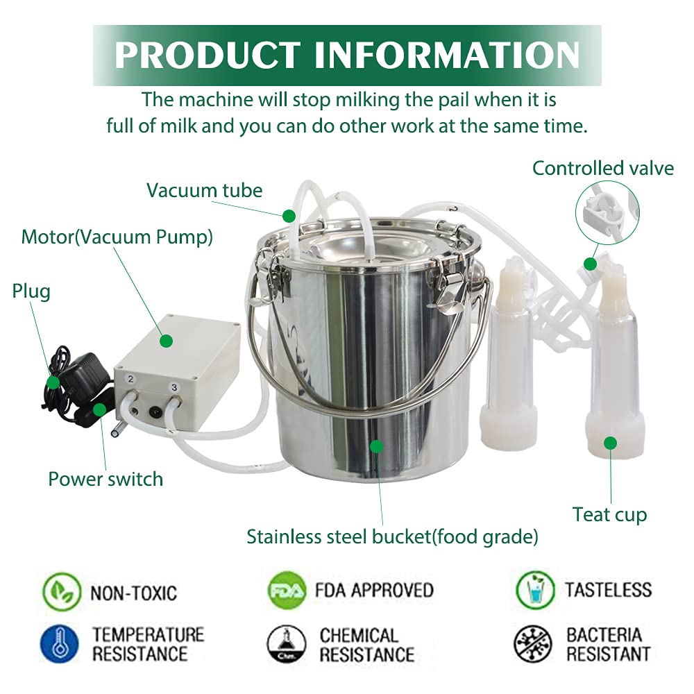 Electric Milking Machine for Goats & Cows - Portable Vacuum Pump Milker with 7L Stainless Steel Bucket - Ideal for Jerseys, Nigerian Dwarfs & Nubian Mix - Perfect for Small Farms, Homesteads & Dairy Production