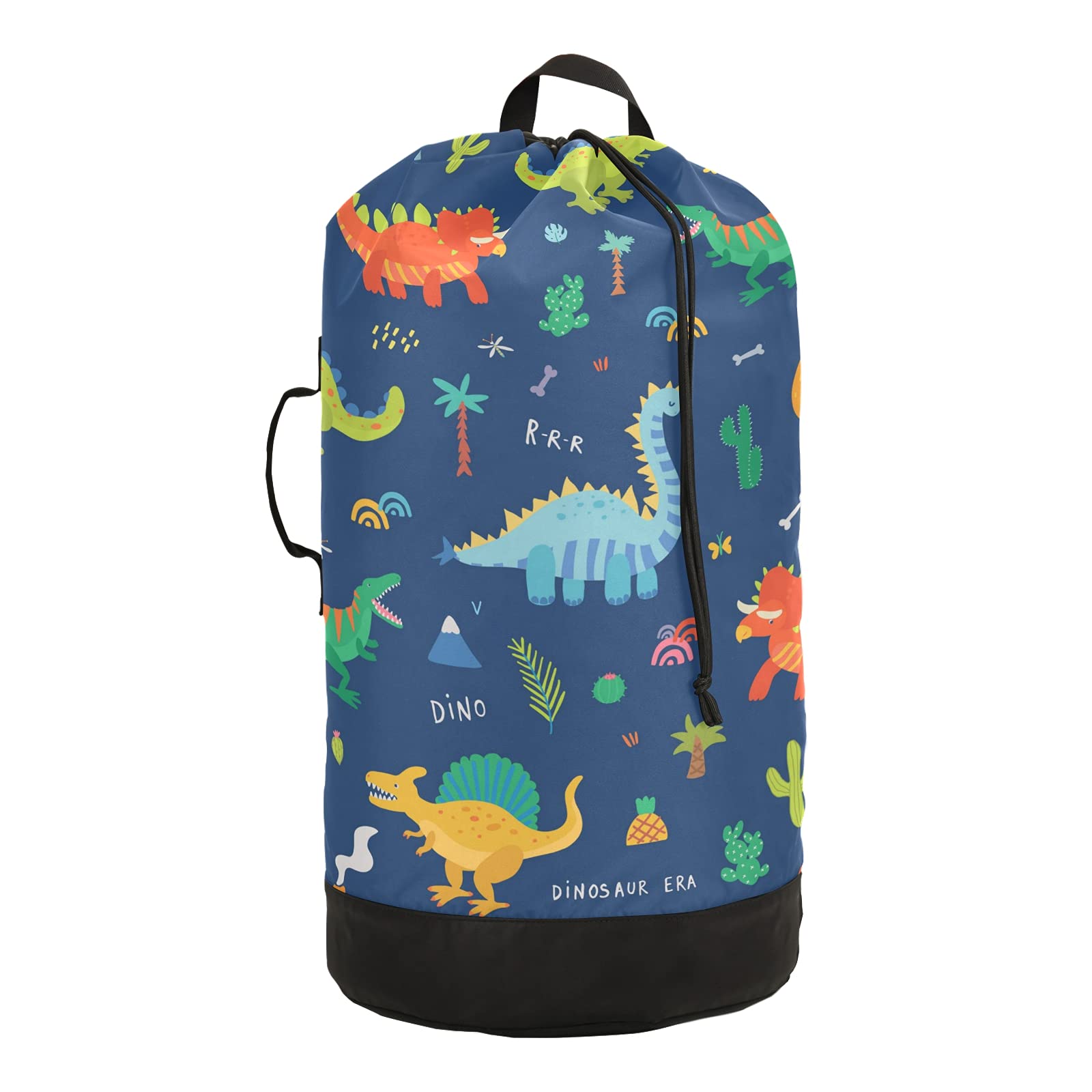 Colorful Cartoon Dinosaur Drawstring Laundry Bag - Dark Blue Backpack with Adjustable Shoulder Straps for Travel, Home & Toy Storage | Perfect for Kids Room, College Dorm & Camping Trips