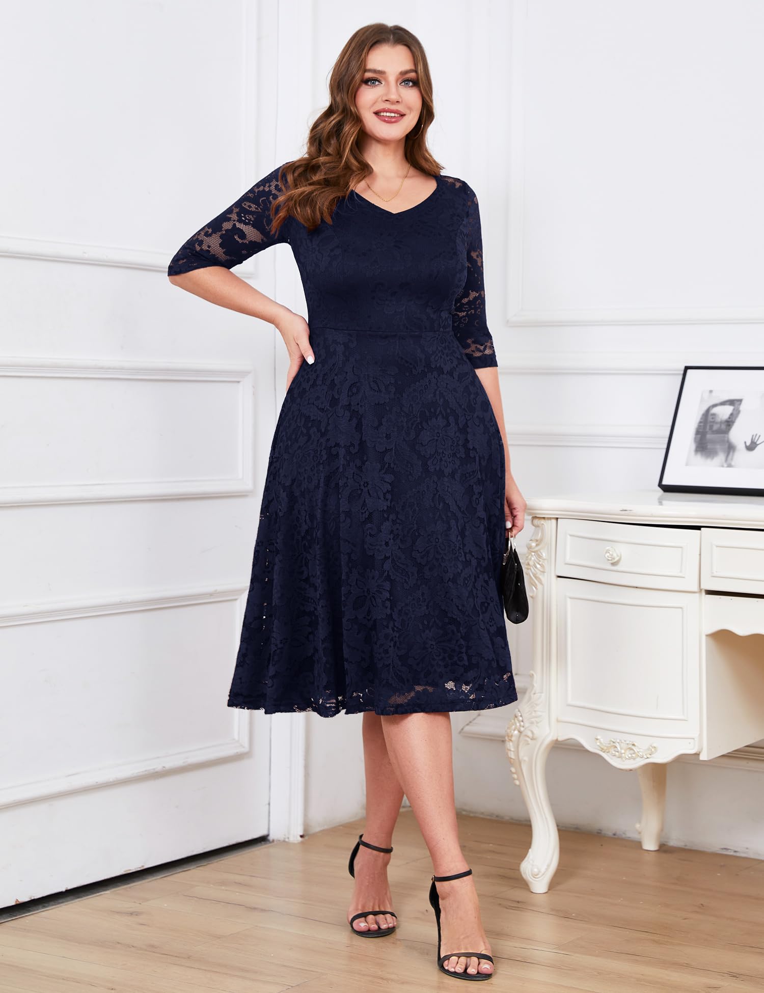 Elegant Long-Sleeve Lace Wedding Guest Dress for Women - A-Line Formal Cocktail Party Midi Dress & Prom Gown | Perfect for Weddings, Galas, and Special Occasions