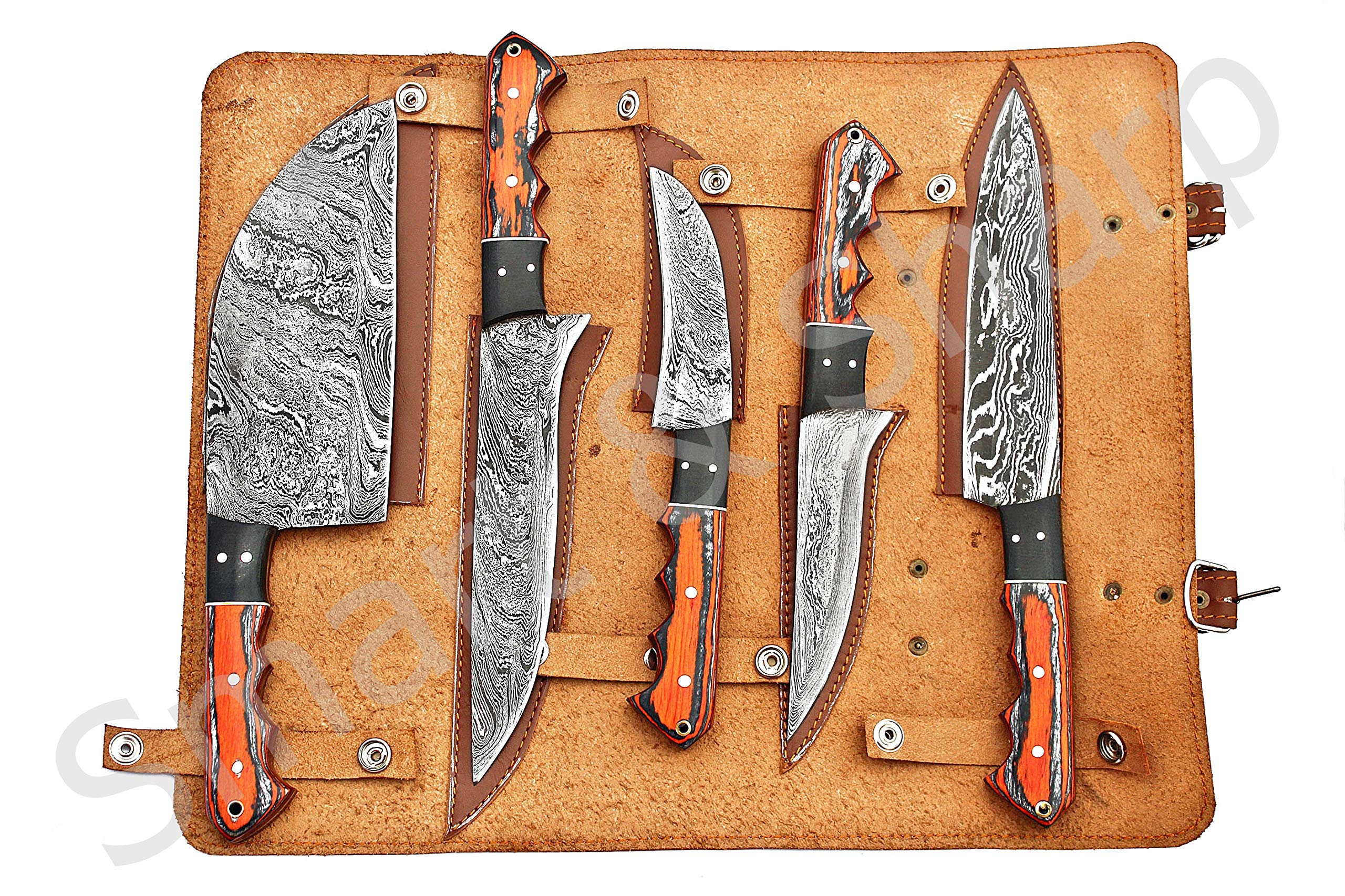 Premium Damascus Steel Chef Knife Set - 5-Piece Handcrafted Kitchen Knives with Poplar Wood Handle (SS-17210/17211) - Perfect for Professional Chefs, Home Cooking & Gourmet Food Preparation