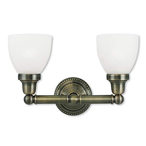 Livex Lighting 1022-01 Classic 2-Light Bathroom Vanity Light Fixture in Antique Brass Finish - Perfect for Bathroom, Powder Room, and Dressing Area Lighting