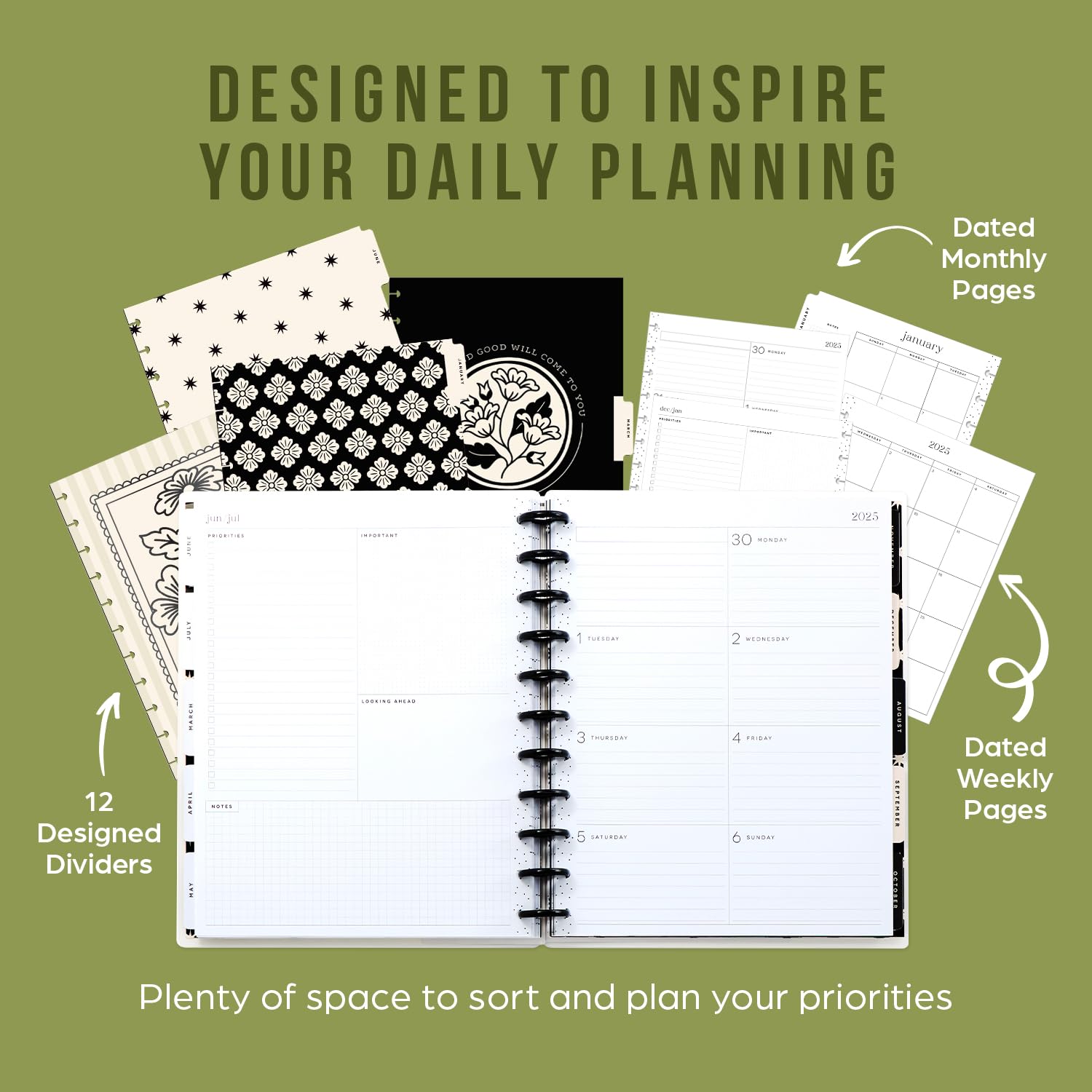 Happy Planner 2025 Disc-Bound 12-Month Planner - Daily Weekly Monthly Organizer with Dashboard Layout, 72 Pages, 12 Dividers & 2 Sticker Sheets - Big Size 8.5