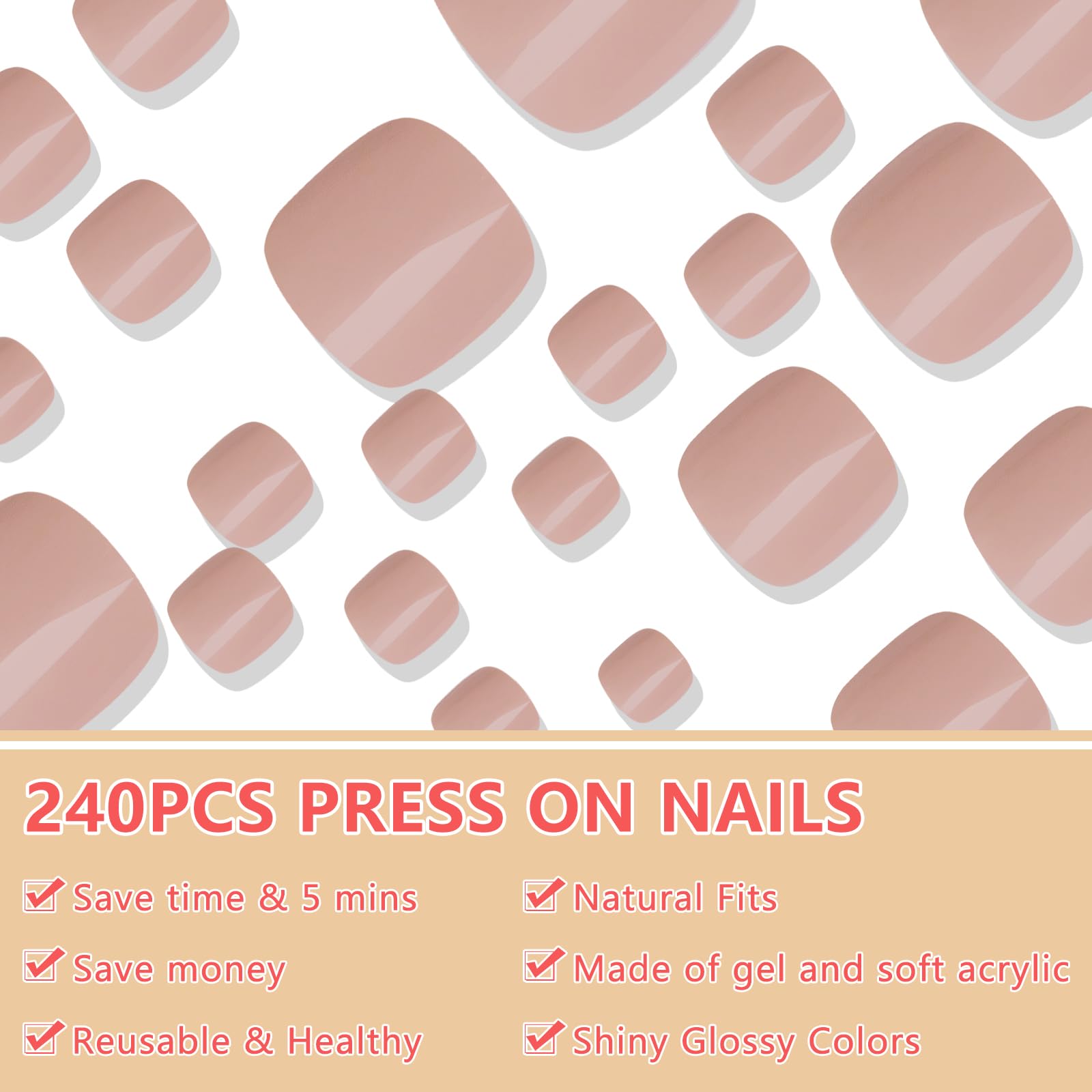 240PCS Short Square Press On Toenails - Glossy Acrylic Fake Nails for Women | Natural Nude Color | Easy Application & Long Lasting | Perfect for Pedicures, Vacations & Summer Sandal Season