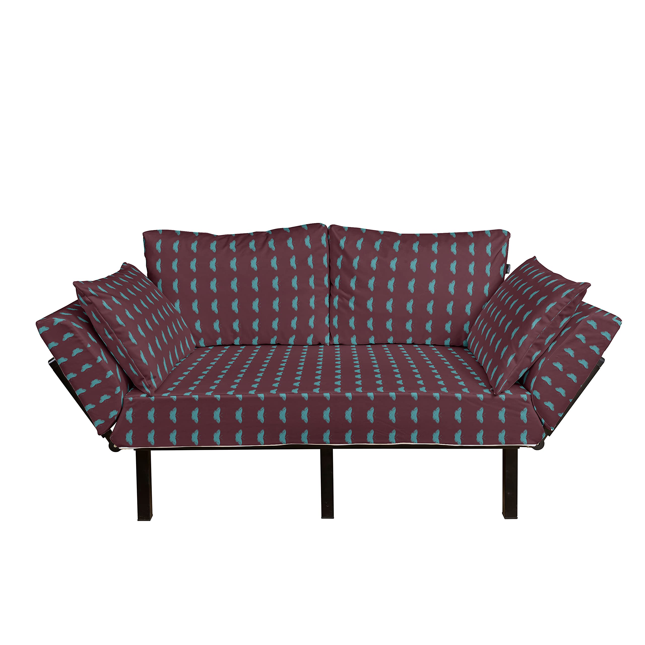 Ambesonne Butterfly Futon Couch - Blue Butterfly Silhouette Design on Dark Background with Ornate Wings, Upholstered Daybed with Sturdy Metal Frame for Living Room, Dorm, or Guest Room - Loveseat in Maroon and Turquoise Colors - Perfect for Small Spaces, Reading Nooks & Cozy Lounging