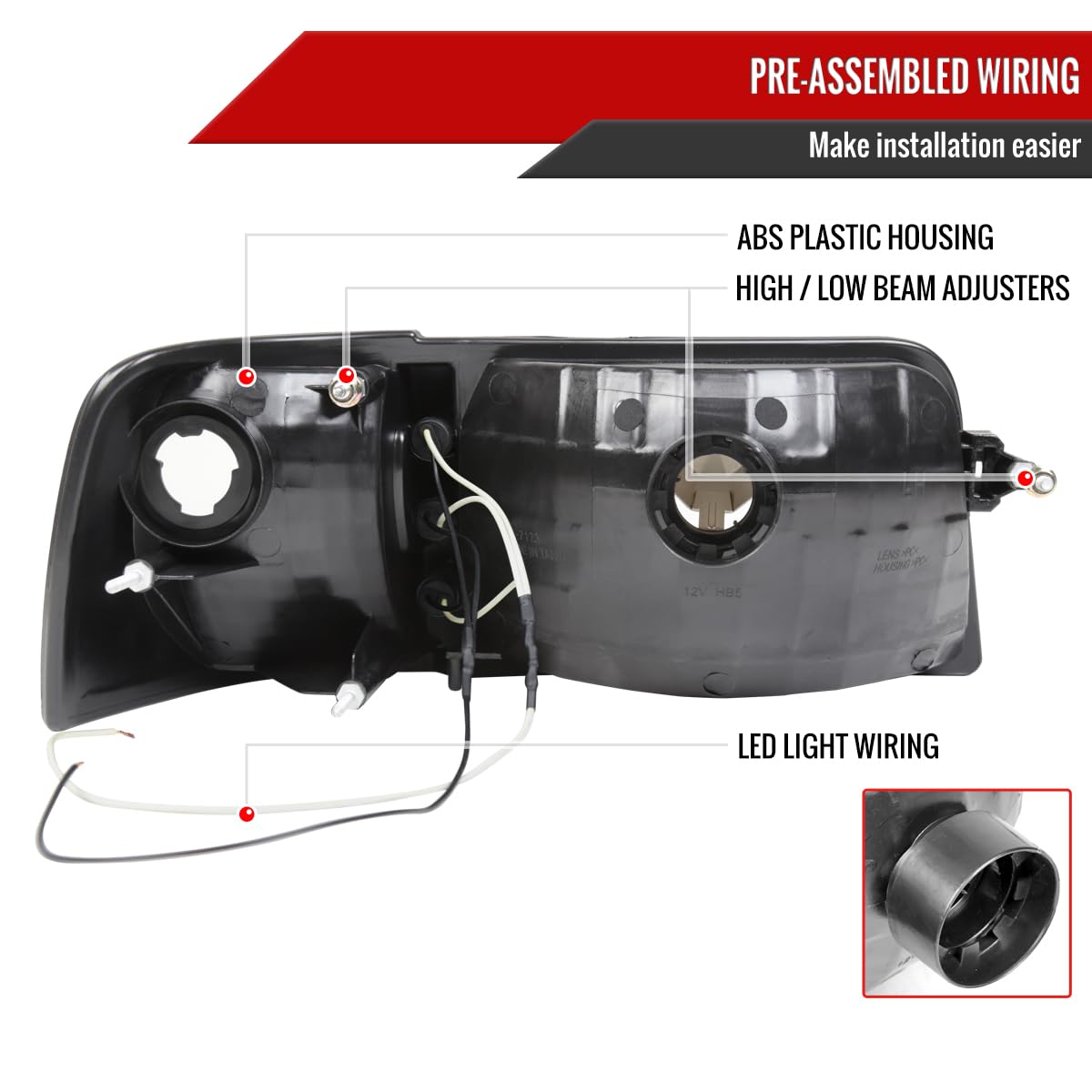 93-97 Ford Ranger Black Clear LED DRL Headlights with Corner Turn Signal Lamps - High Visibility Daytime Running Lights for Off-Road & Night Driving