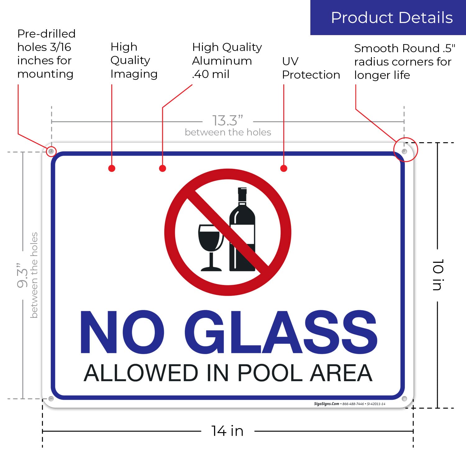 No Glass Allowed in Pool Area Sign - 10x14 Inch Rust-Free Aluminum Pool Safety Sign, Fade Resistant & Durable - Made in USA | Perfect for Public Pools, Water Parks & Backyard Swimming Areas