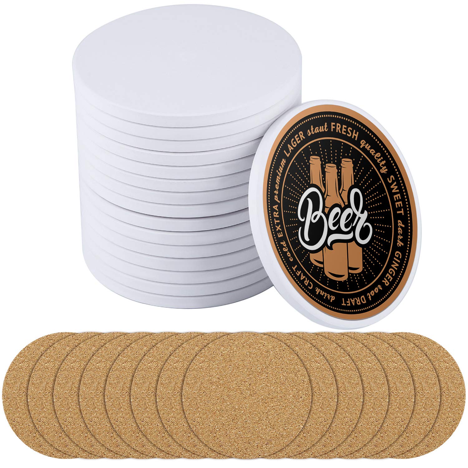 Ruisita 16 Pack 4 Inch Round White Ceramic Coasters with Cork Backing - DIY Craft Tiles for Home Decor, Drink Coasters, and Creative Projects | Perfect for Weddings, Parties, and Gift Making