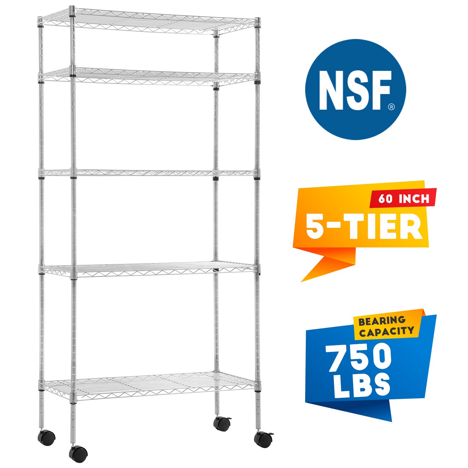 750 LBS Capacity 5-Tier Chrome Wire Shelving Unit - 14