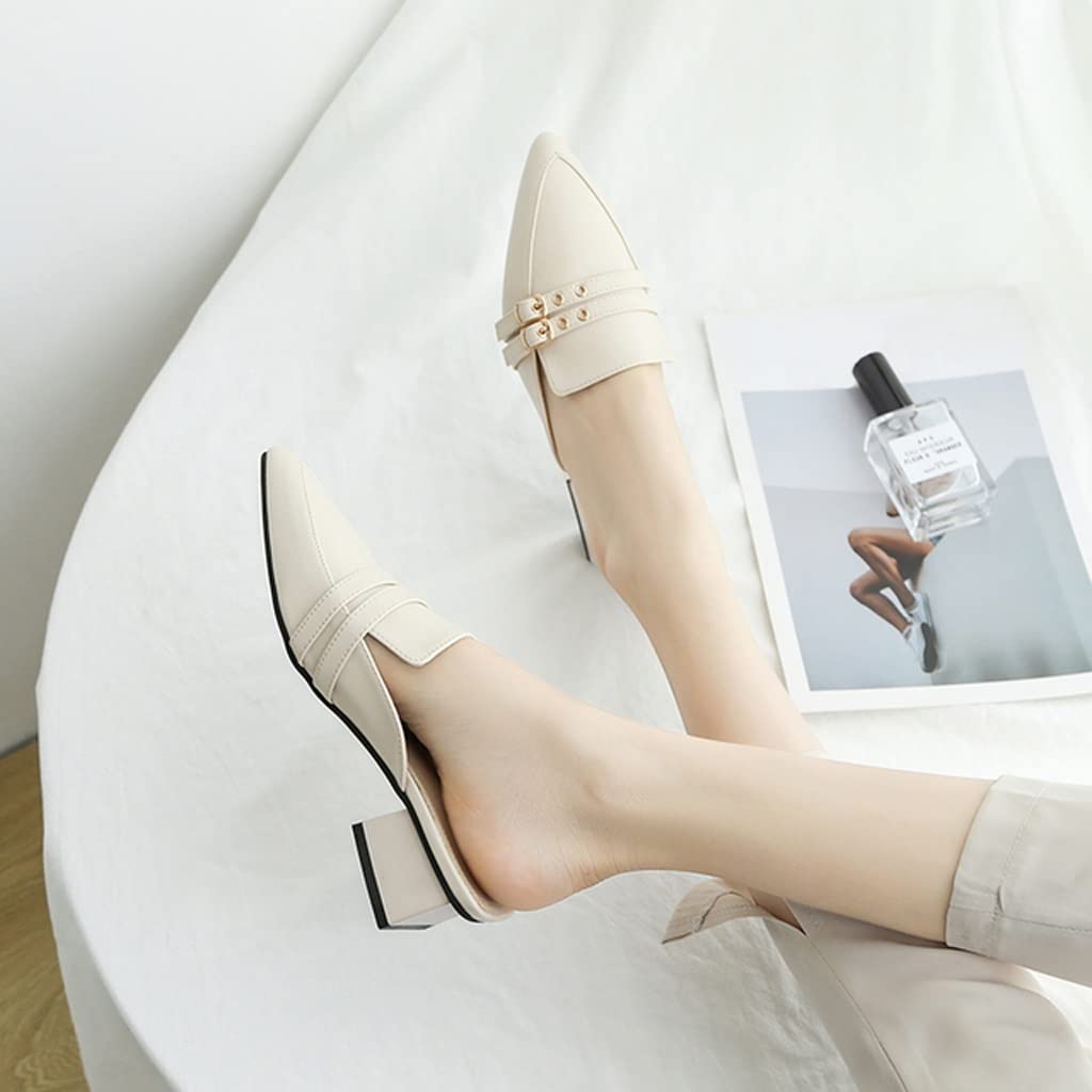 Women's Pointed Toe Mule Slippers with Buckle Strap - Summer Sandals in PU Leather with Chunky Heel - Comfortable Slides for Casual Wear, Office, and Outings (Color: A, Size: 8.5)