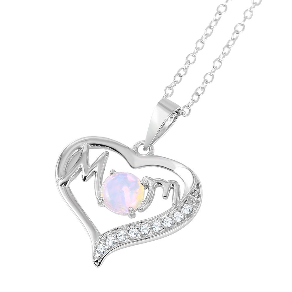 White Simulated Opal & Cubic Zirconia Heart Pendant Necklace - Rhodium Plated Sterling Silver Jewelry for Mother's Day Gift, Anniversary & Special Occasions