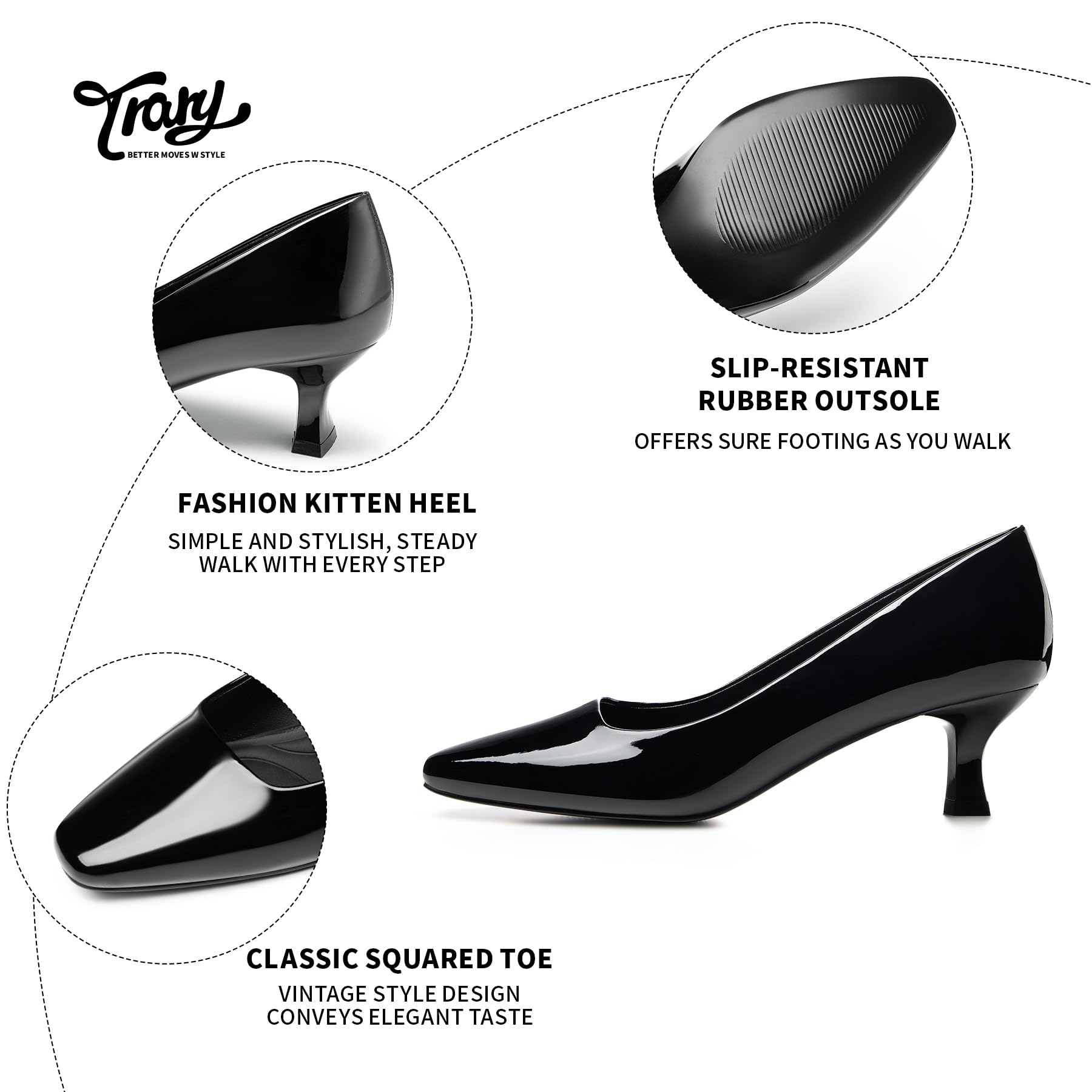 Trary Women's Classic Square Toe Kitten Heel Pumps - Comfortable Low Heel Dress Shoes for Office, Work & Formal Occasions | Closed Toe Casual Pumps for Women | Perfect for Business Attire, Weddings & Professional Events