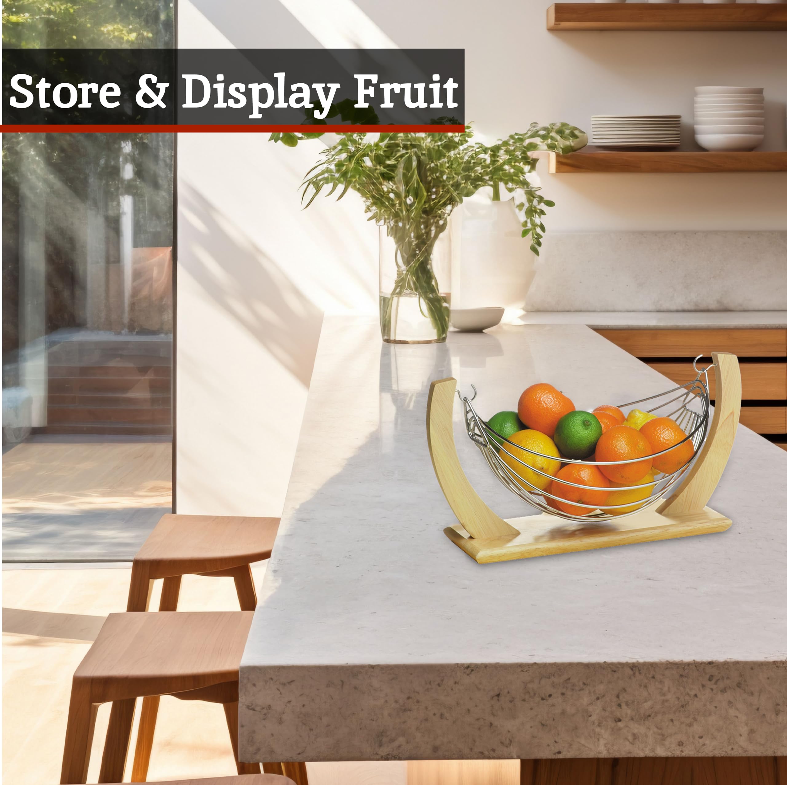 Premium Small Fruit Hammock - Natural Rubber Wood & Chrome Kitchen Storage - Perfect for Organizing Bananas, Apples, and Produce in Pantry, Countertop, or Dorm Room