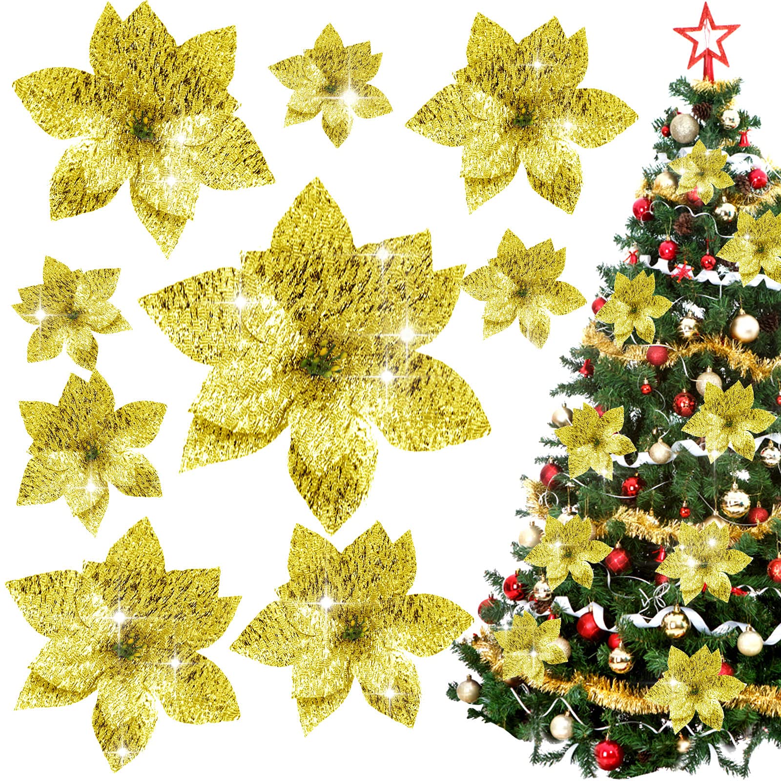 30 Pieces Glitter Christmas Flowers - Gold Metallic Poinsettia Ornaments for Xmas Tree, Wreaths & Holiday Decorations - Perfect for Christmas, New Year, Wedding & Home Party Decorations