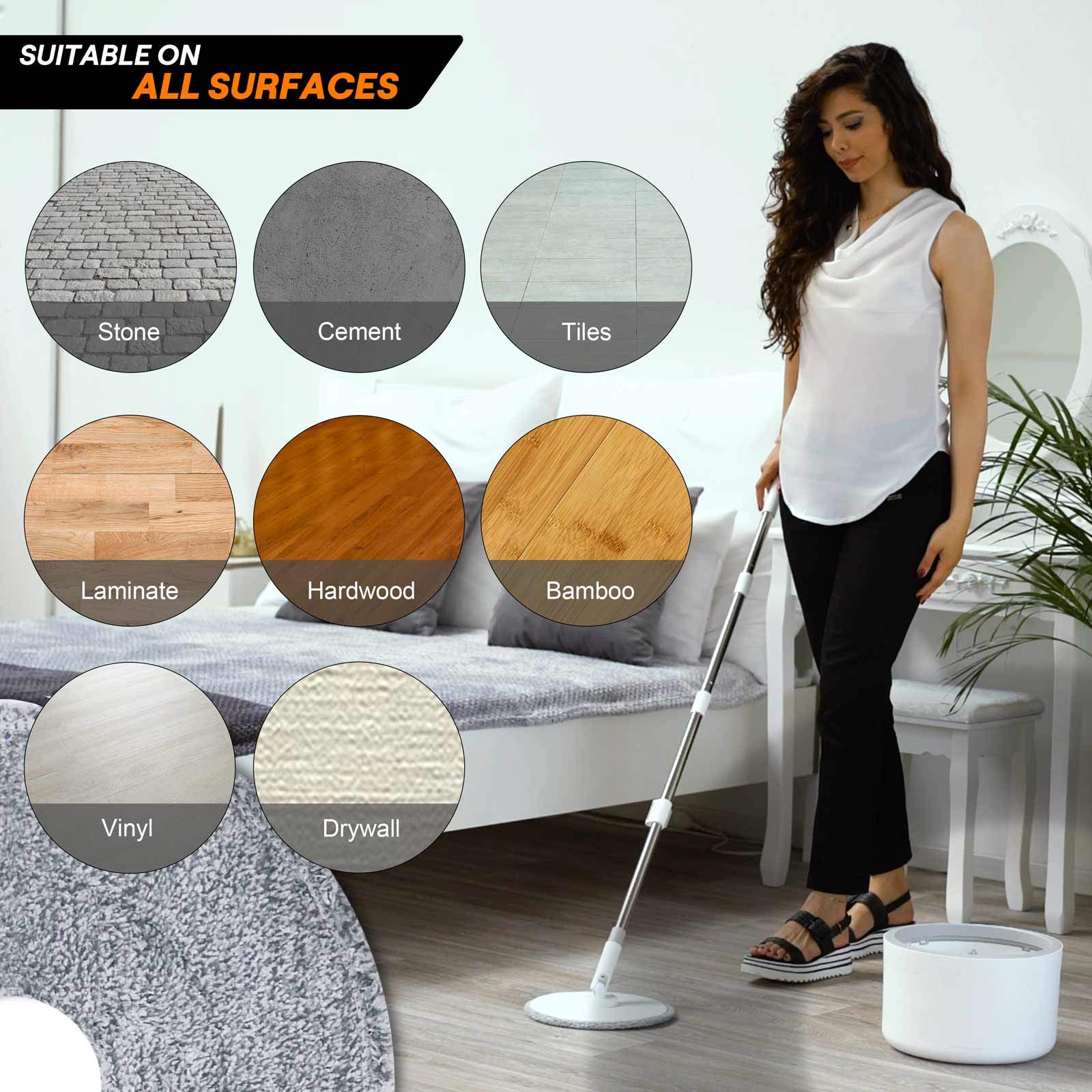 VENETIO Self-Wringing Spin Mop and Bucket Set with 2 Microfiber Pads - All-in-One Wet Dry Floor Cleaning System for Hardwood, Tile, Vinyl, Laminate & Marble Floors | Safe & Effective for Kitchen, Bathroom & Living Room Cleaning