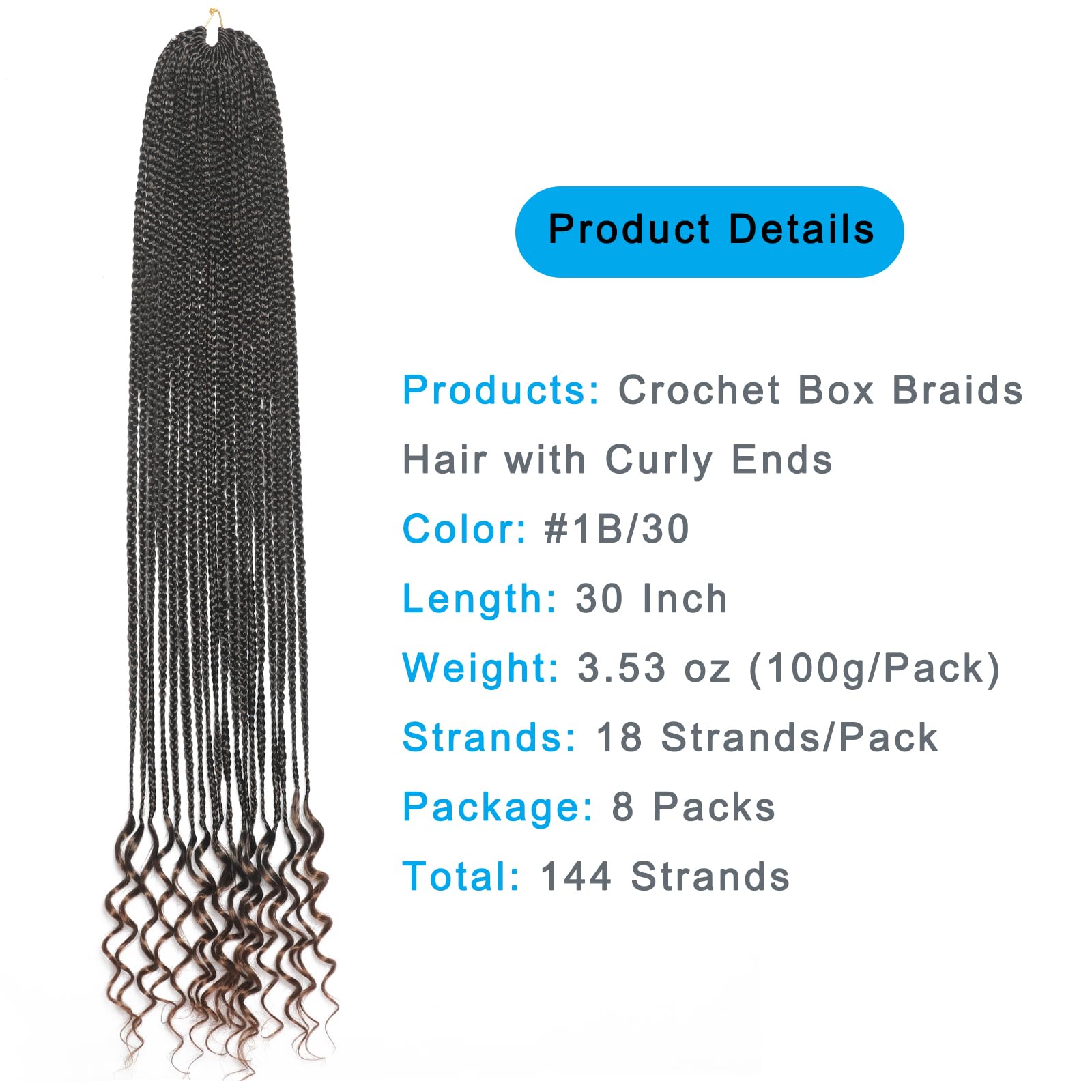 8 Packs Crochet Braids Box Braids with Curly Ends - 30 Inch Goddess Box Braids, T30 Natural Pre-Looped Crochet Hair Extensions for Women | Perfect for Protective Styling, Boho Looks & Everyday Wear