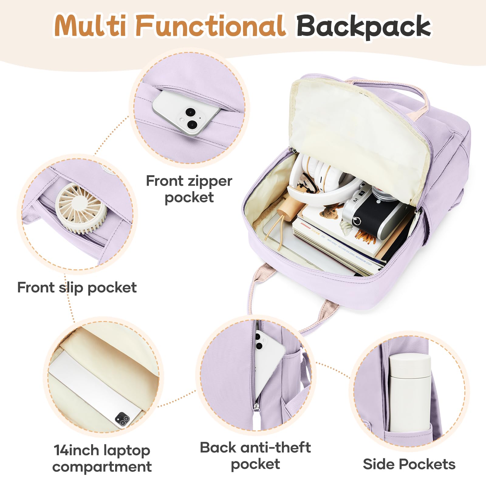 SUWASP Small Waterproof Backpack for Women & Men - Lightweight School Bookbag for Middle/High School & College - Mini Classic Travel Daypack for Teens & Adults - Casual Use for Daily Commute, Hiking & Outdoor Activities - Purple