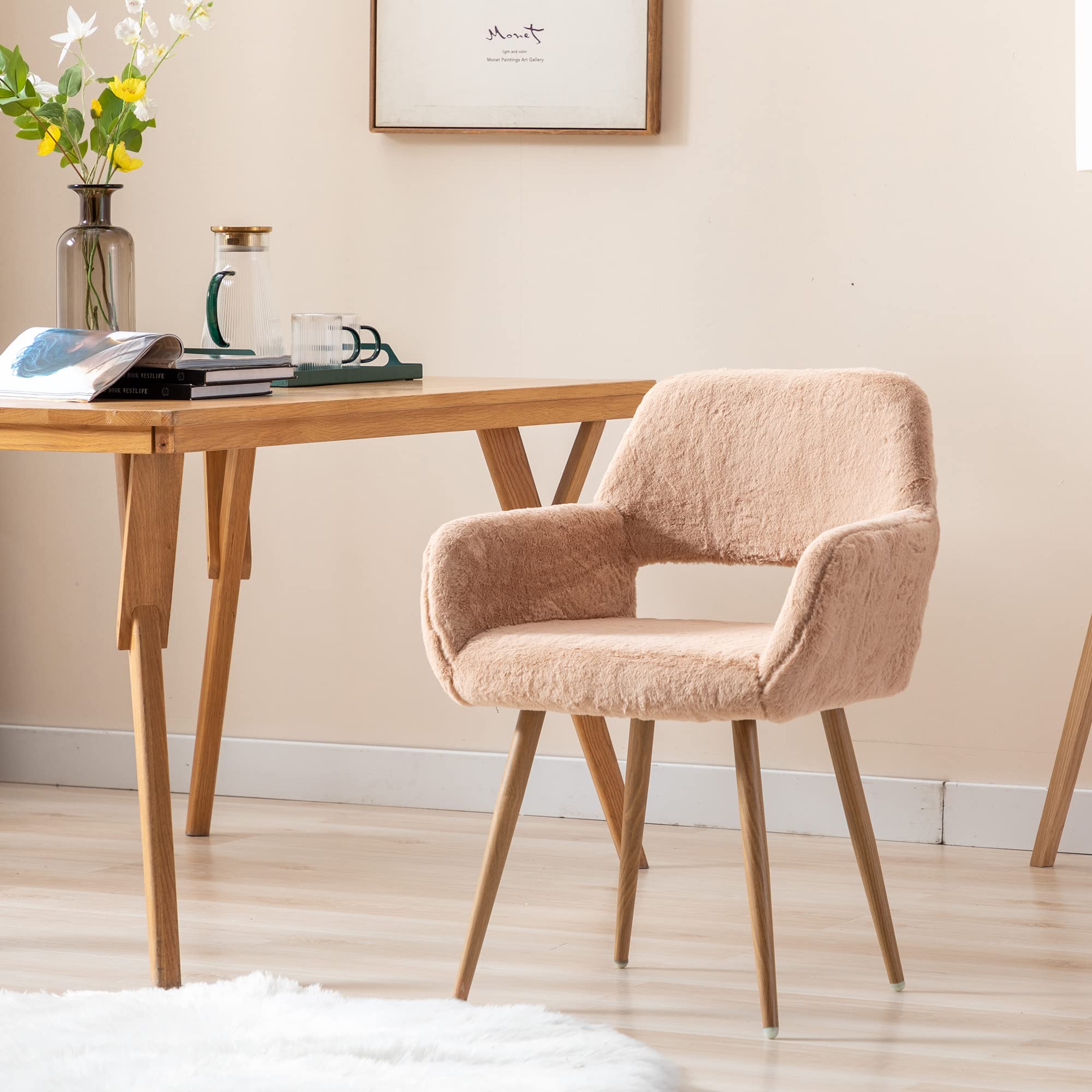 Fluffy Pink Faux Fur Swivel Desk Chair with Wheels - Adjustable Height Vanity Chair for Makeup Room, Teen Girls Bedroom & Home Office - Soft Computer Gaming Chair for Women (Camel) - Perfect for Beauty Stations, Dorm Rooms & Cozy Workspaces