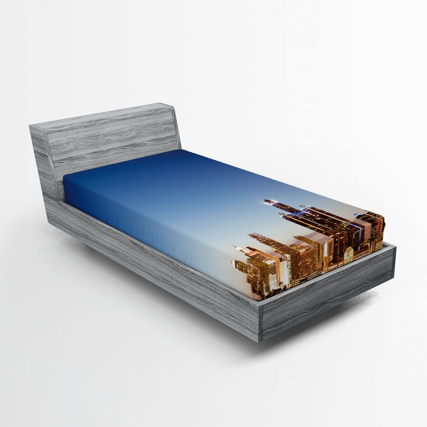 Ambesonne Detroit Fitted Sheet - Michigan Skyline at Twilight Waterfront Design, All-Around Elastic Deep Pocket Bed Cover for Twin Size Beds | Travel-Inspired Home Decor for Cozy Bedrooms & Guest Rooms
