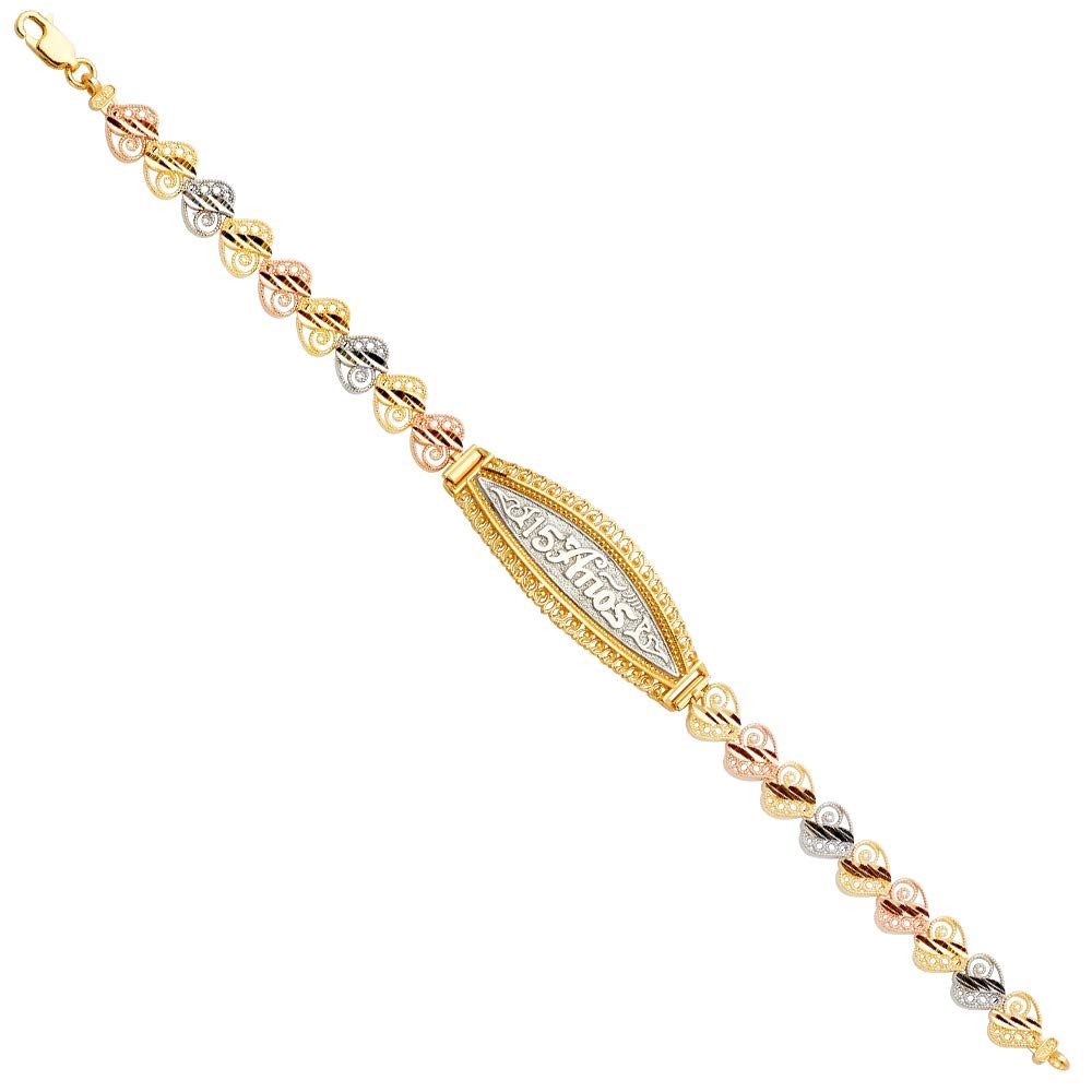 14K Yellow Gold, White Gold & Rose Gold Sweet 16 Quinceañera ID Bracelet - Personalized Name Jewelry Gift for Women & Teens - Perfect for Birthdays, Graduations & Special Occasions