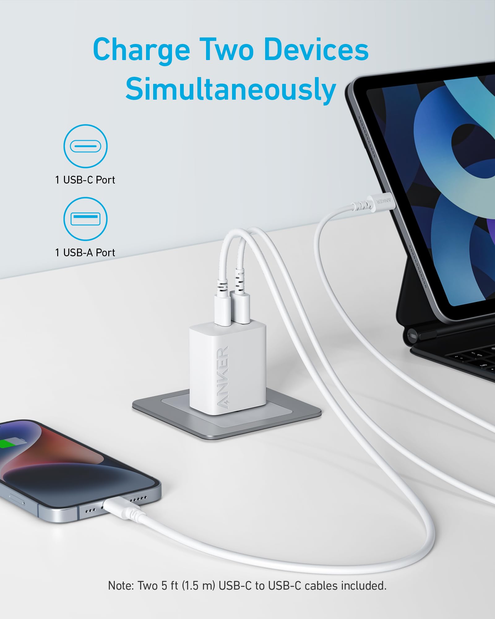 Anker 6ft Lightning Cable 2-Pack with 20W Fast Charger - Durable iPhone Charging Cord for iPhone 14/13/12/11/X/8 & More - Perfect for Home, Office, Travel & Car Charging