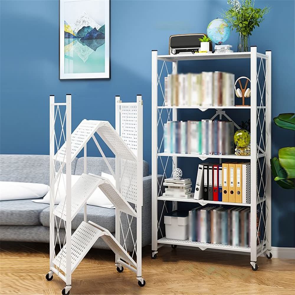 5-Tier Heavy Duty Metal Storage Shelf with Wheels - Foldable Freestanding Shelving Unit for Kitchen, Pantry, Closet & Garage (28