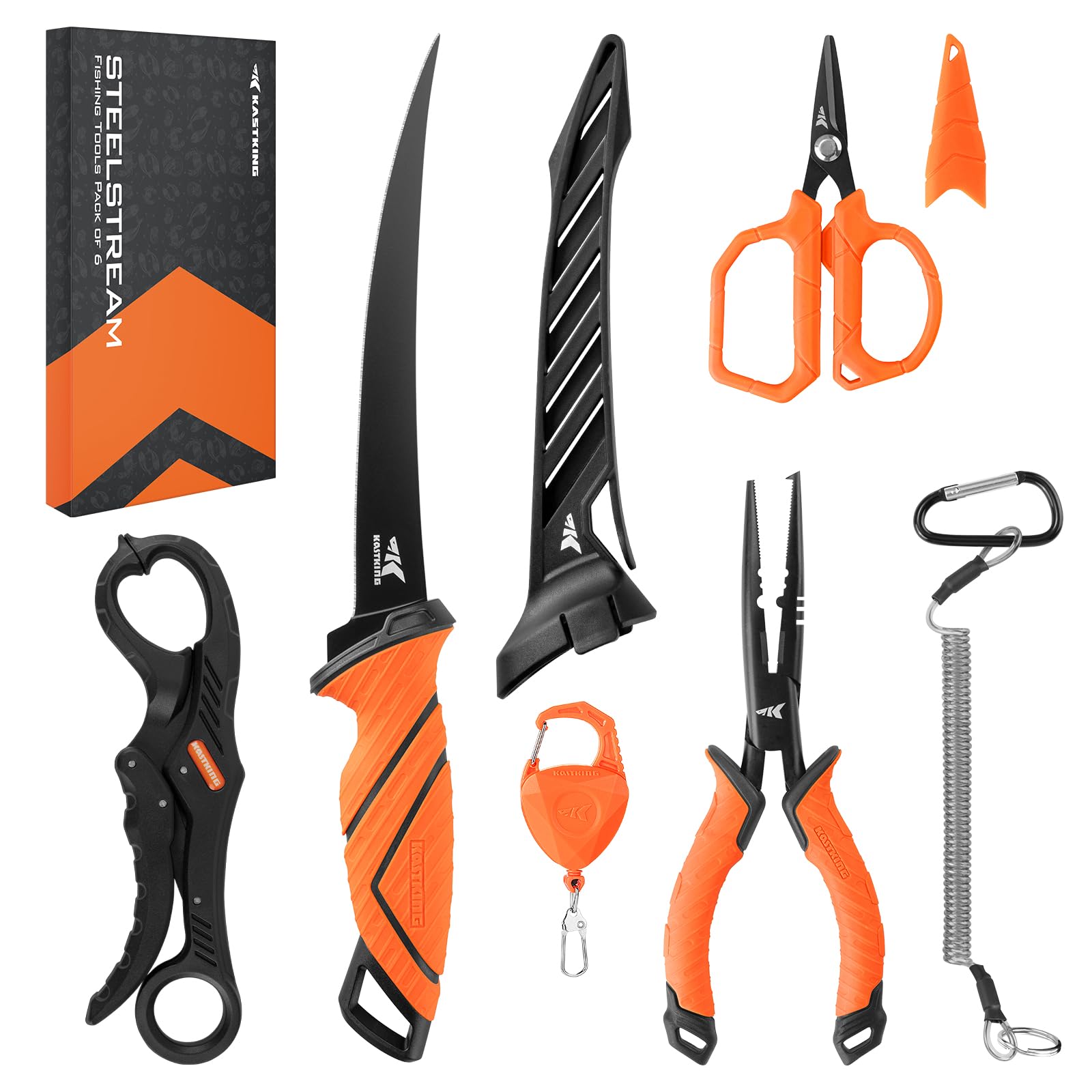 **KastKing SteelStream 6-Piece Fishing Tool Kit – Corrosion-Resistant Fishing Pliers, Fillet Knife, Floating Fish Lip Gripper, Braid Scissors & Tool Retractor – Perfect Fishing Gifts for Men – Ideal for Saltwater & Freshwater Fishing**