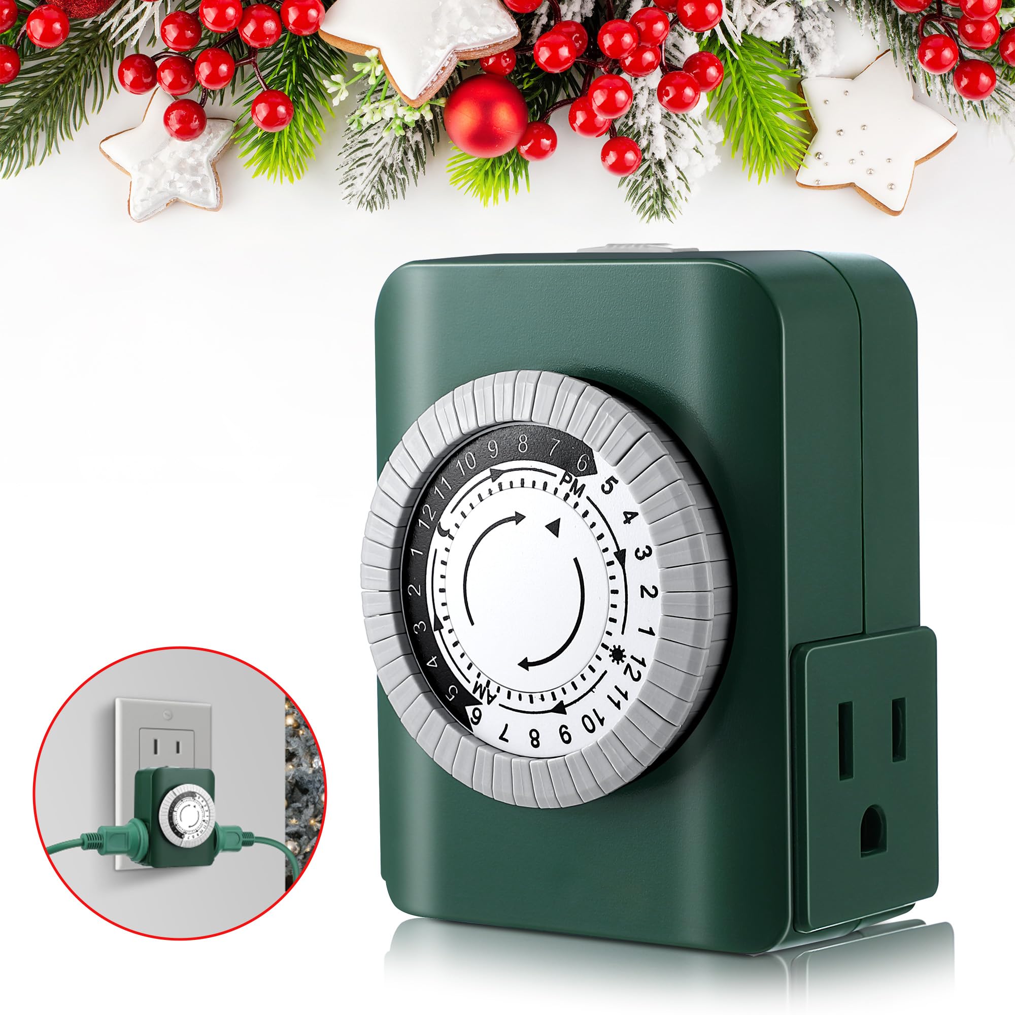 24 Hour 2 Grounded Outlets Mechanical Timer - Indoor Electrical Outlet Timer for Christmas Lights & Holiday Decorations - Daily On/Off Cycle - Perfect for Christmas Trees, Lamps & Home Appliances (1 Pack, Green) - Save Energy & Automate Your Holiday Lighting