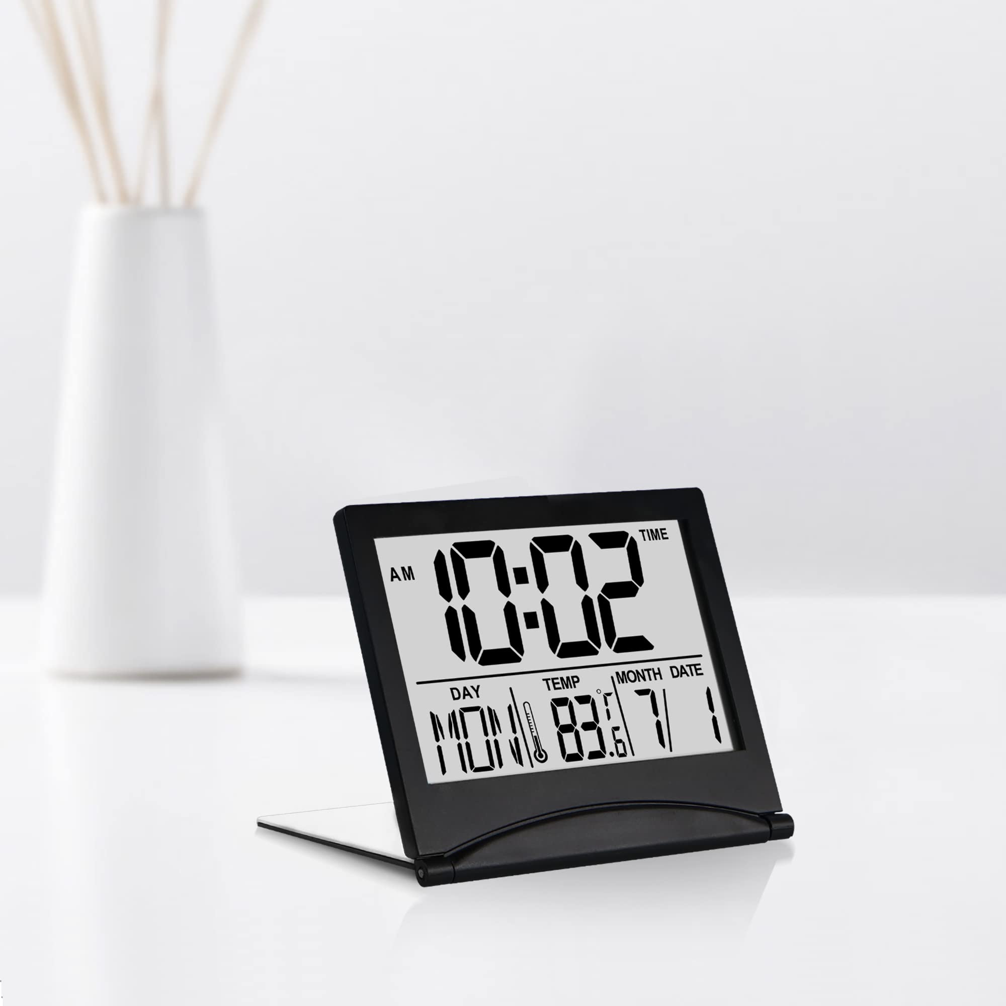 Betus Digital Travel Alarm Clock - Foldable LCD Desk Clock with Calendar, Temperature & Timer, Snooze Mode - Large Display Battery Operated Compact Clock for Home, Office, Travel (Black) - Perfect for Bedrooms, Dorms, Nightstands & Luggage