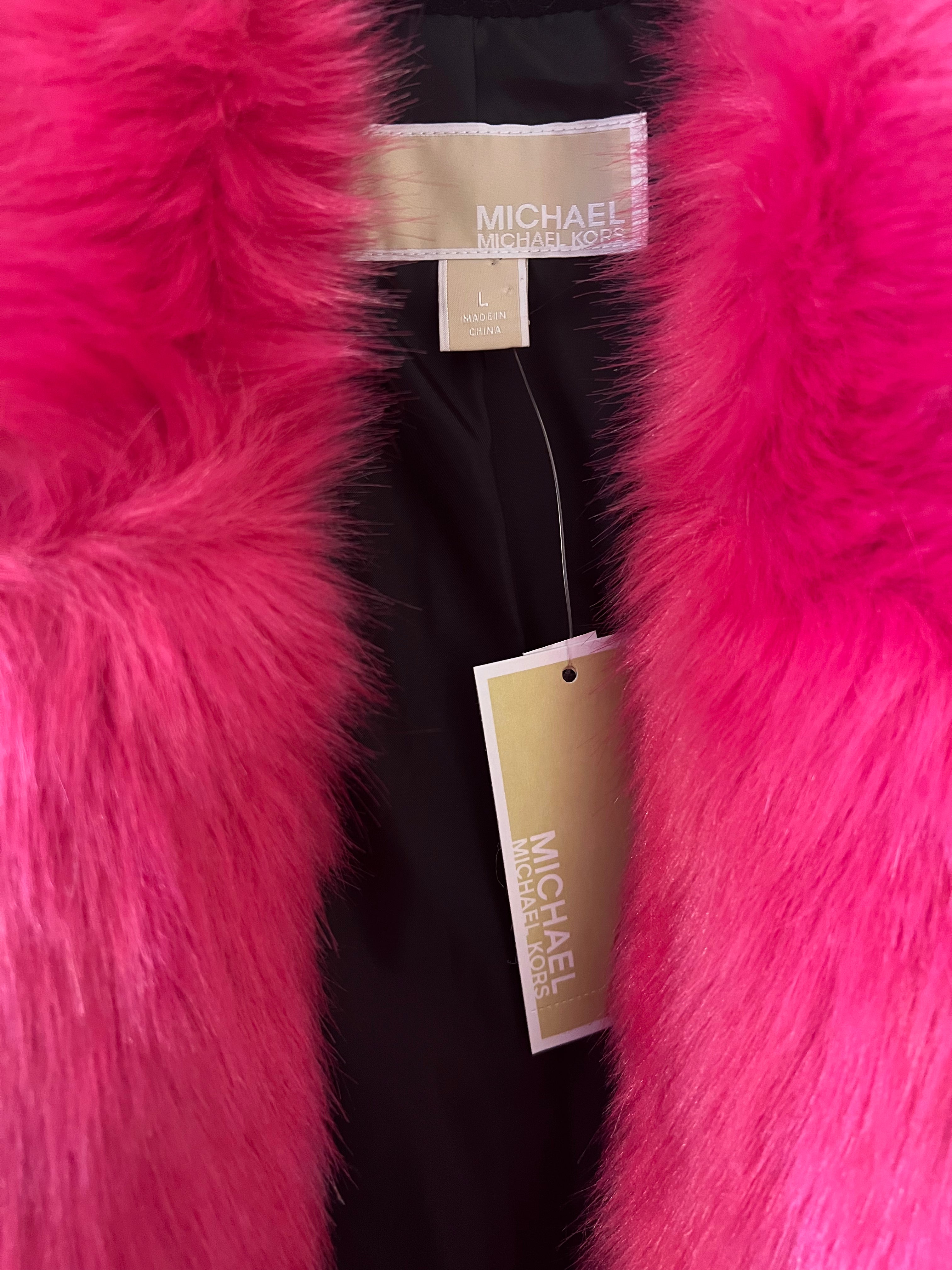 Michael Kors Women's Electric Pink Faux Fur Jacket - Size Large | Cozy Winter Coat for Women, Fashionable Outerwear for Casual Outings & Holiday Parties