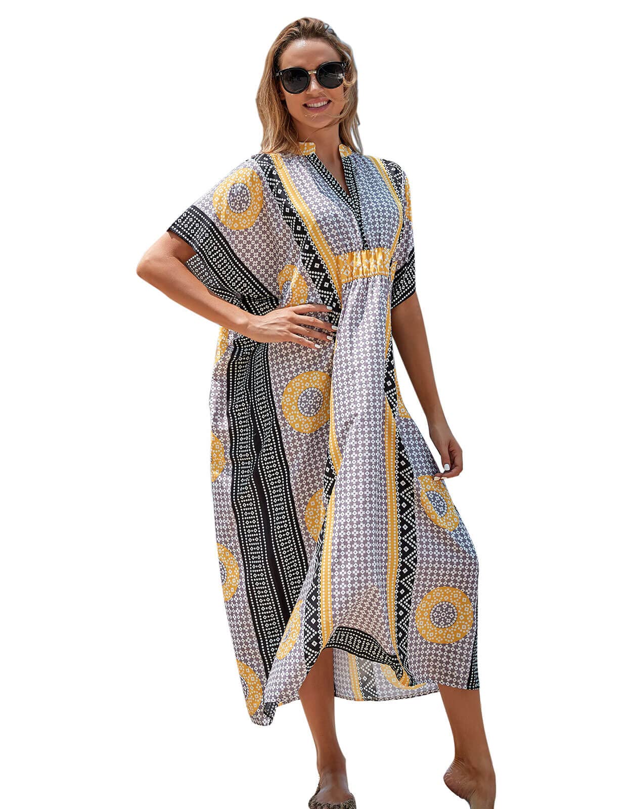 Drvitor Women's Ethnic Print Kaftan Dress - Long Loose Batwing Sleeve Beach Cover Up, Maxi Swimsuit Cover (One Size) | Perfect for Poolside, Vacation & Summer Outfits