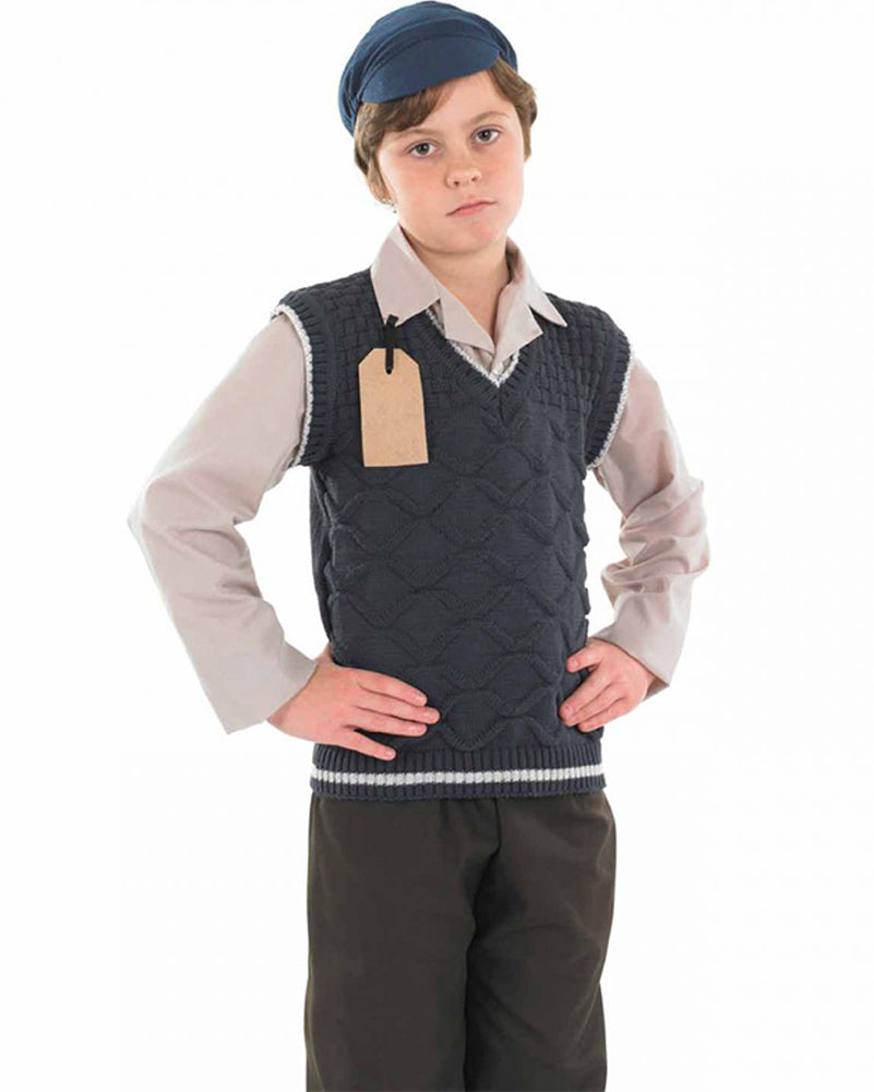 Vintage 1940s WWII Evacuee School Boy Costume - Authentic Historical Outfit for Kids, Halloween, and School Plays