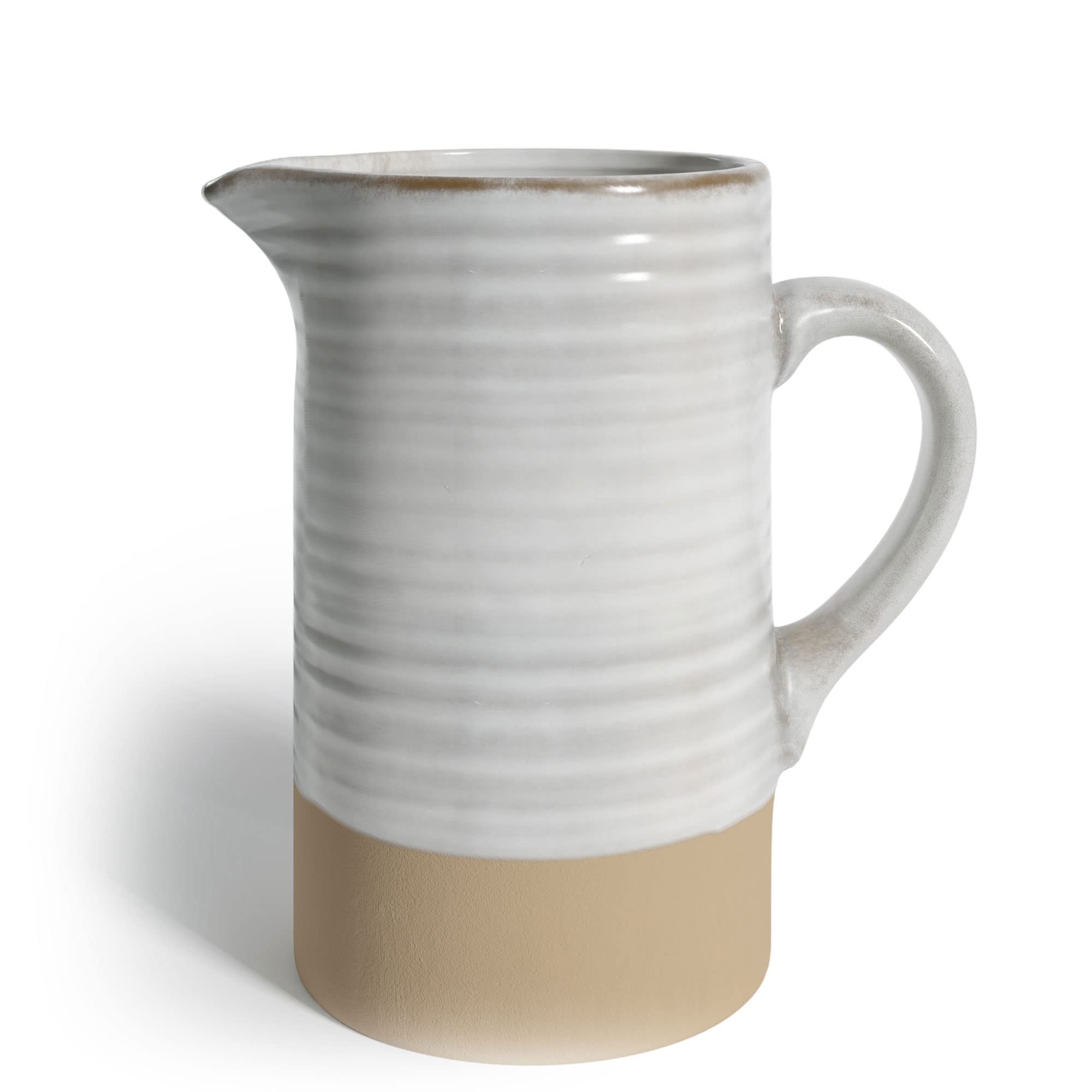 Vintage Rustic Farmhouse White Ceramic Pitcher - 1.5 Quart Capacity, Ivory/Tan Jug for Milk, Juice or Flower Vase - 7x7.25