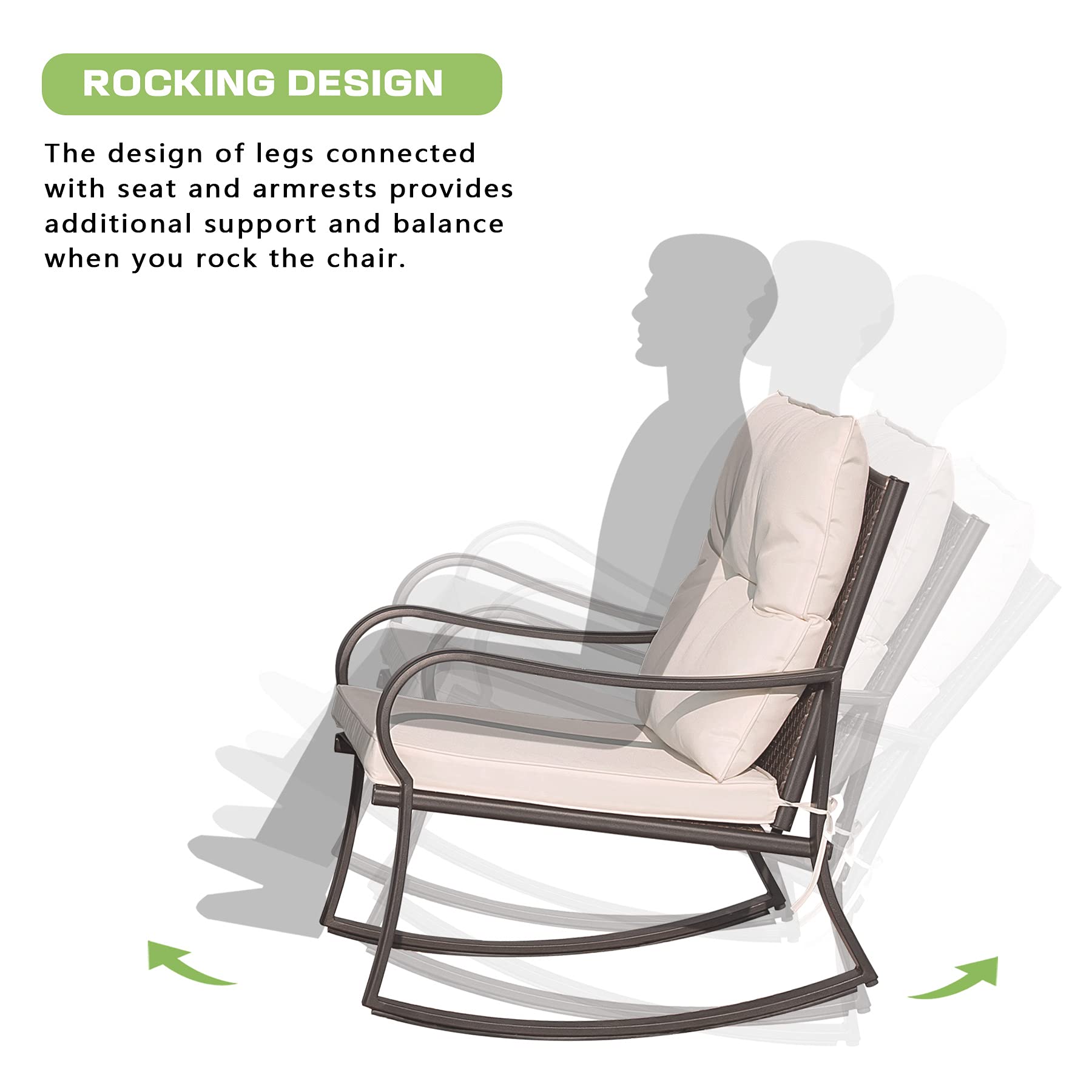 Domi Outdoor Living 3-Piece Rocking Bistro Set - Black Steel Wicker Rocking Chairs with Cushions & White Glass Top Coffee Table - Perfect for Patio, Garden, Porch, and Backyard Relaxation