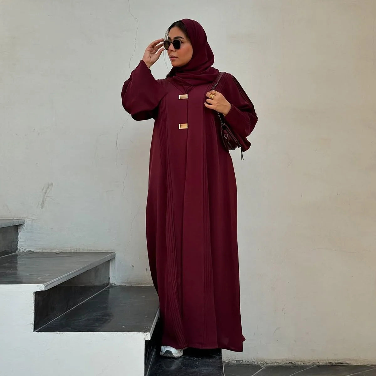 Elegant Pleated Arab Dubai Open Abaya Dress #25189 - Modest Muslim Fashion for Women, Perfect for Prayer, Weddings & Special Occasions