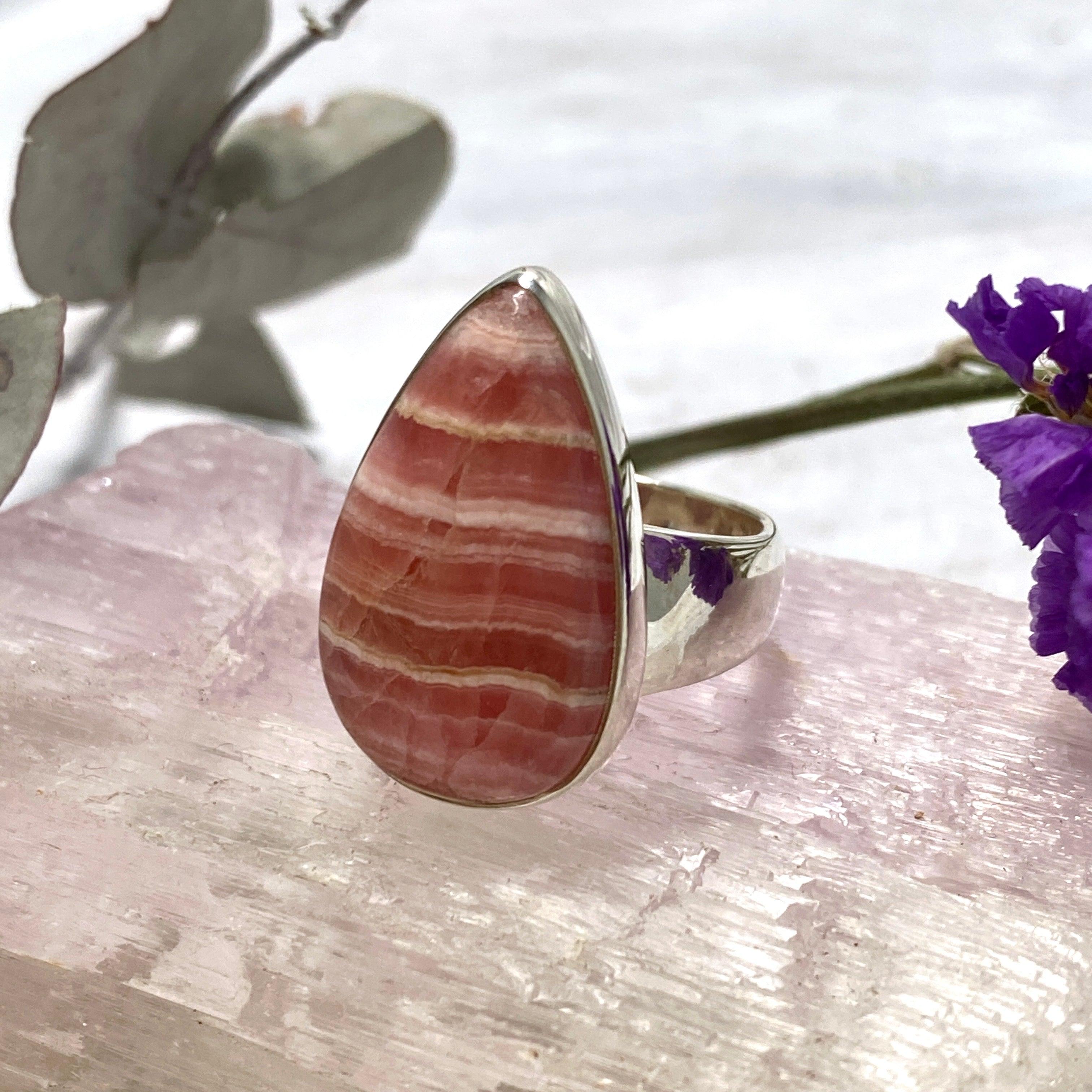 Rhodochrosite Teardrop Ring Size 8 - Handmade Sterling Silver Jewelry for Women, Elegant Gemstone Ring for Gift, Party & Everyday Wear