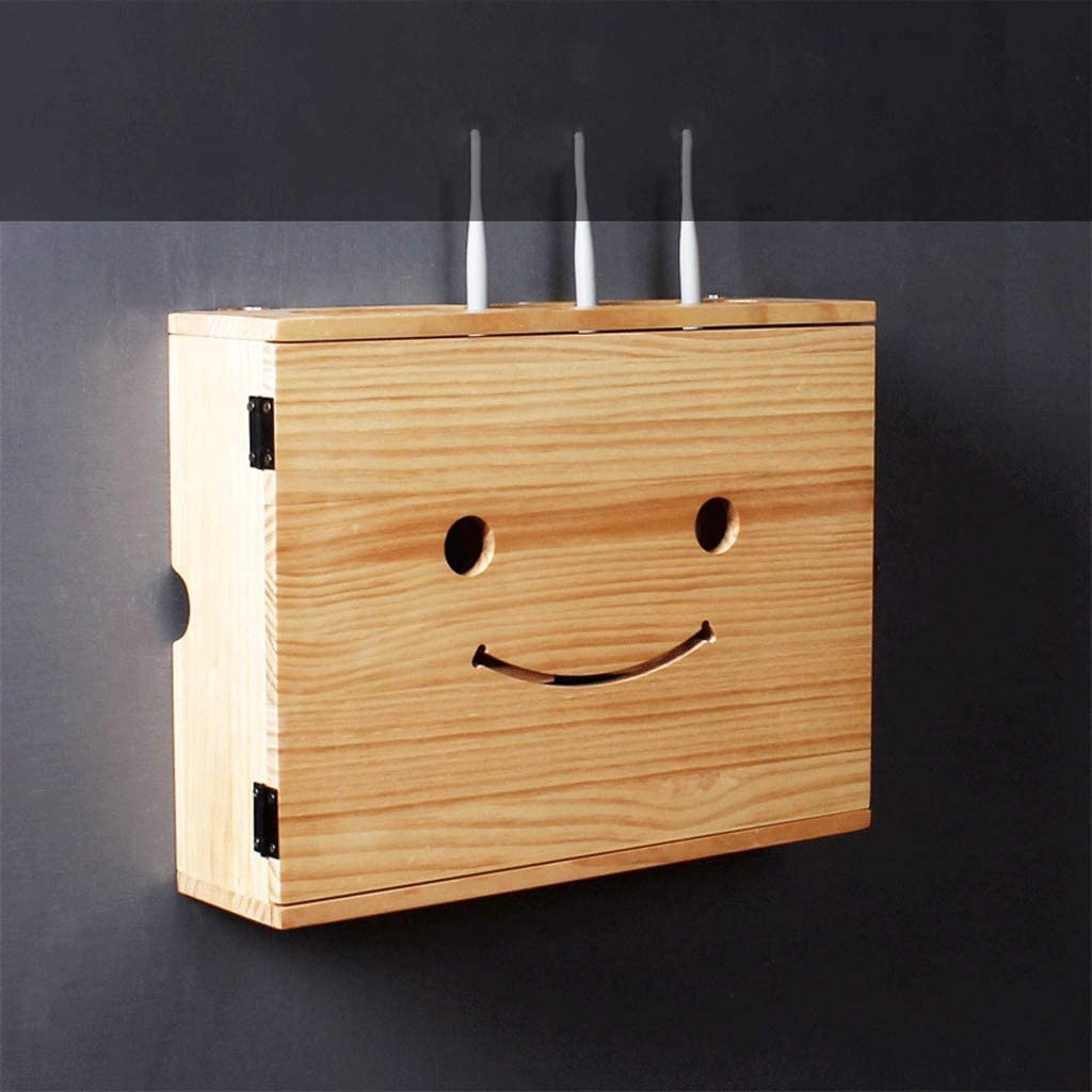 Solid Wood Wall-Mounted Wireless WiFi Router Storage Box - Decorative Organizer for Router, Set-Top Box & Multimedia Devices - WiFi Signal Blocking Design with Cute Smiley Face - Perfect for Home, Office & Weak Current System Organization
