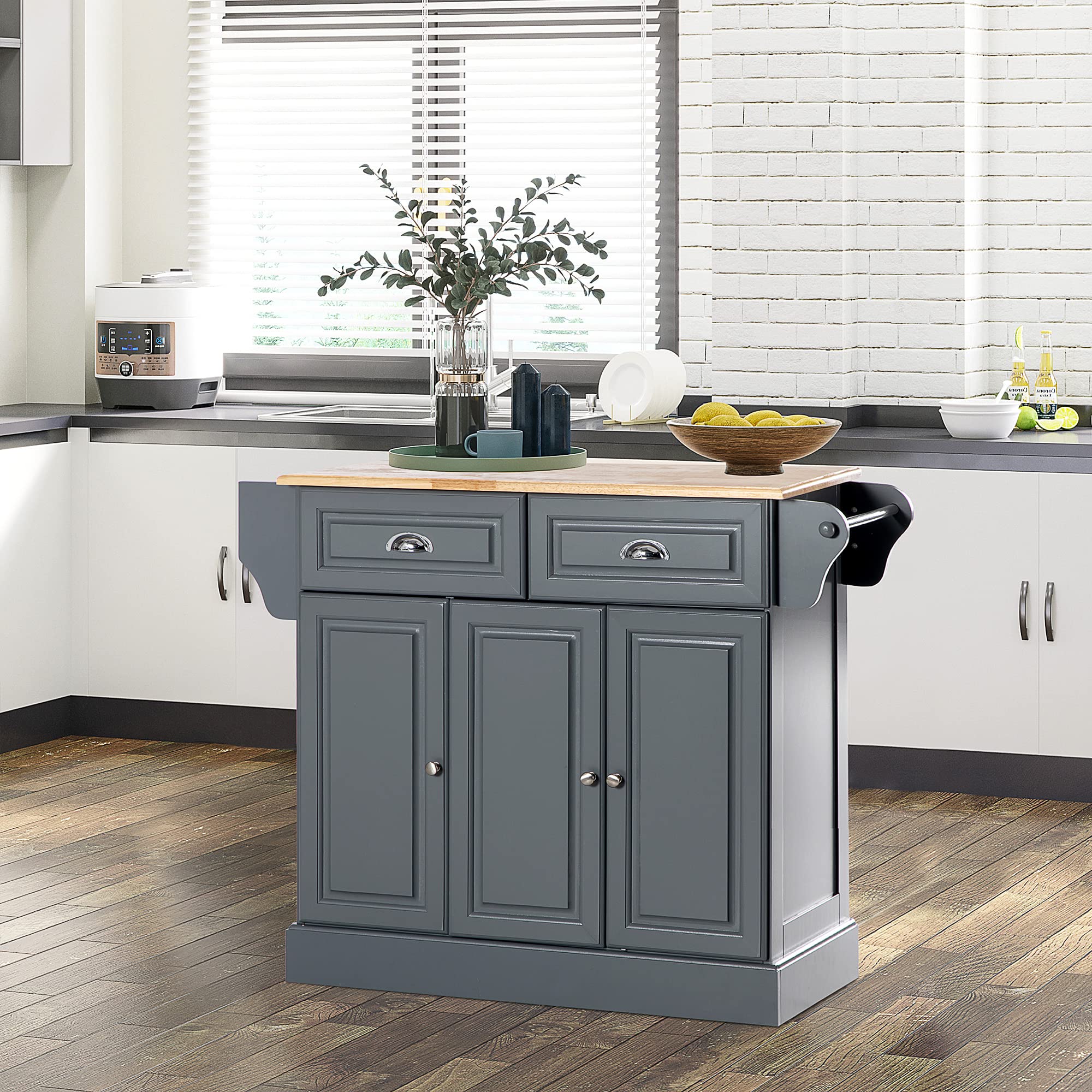 HOMCOM 3-Tier Rolling Kitchen Island with Drawers, Wood Countertop & Spice Rack - Mobile Storage Cabinet for Small Spaces, Dark Gray - Perfect for Apartments, Dorms & Compact Kitchens