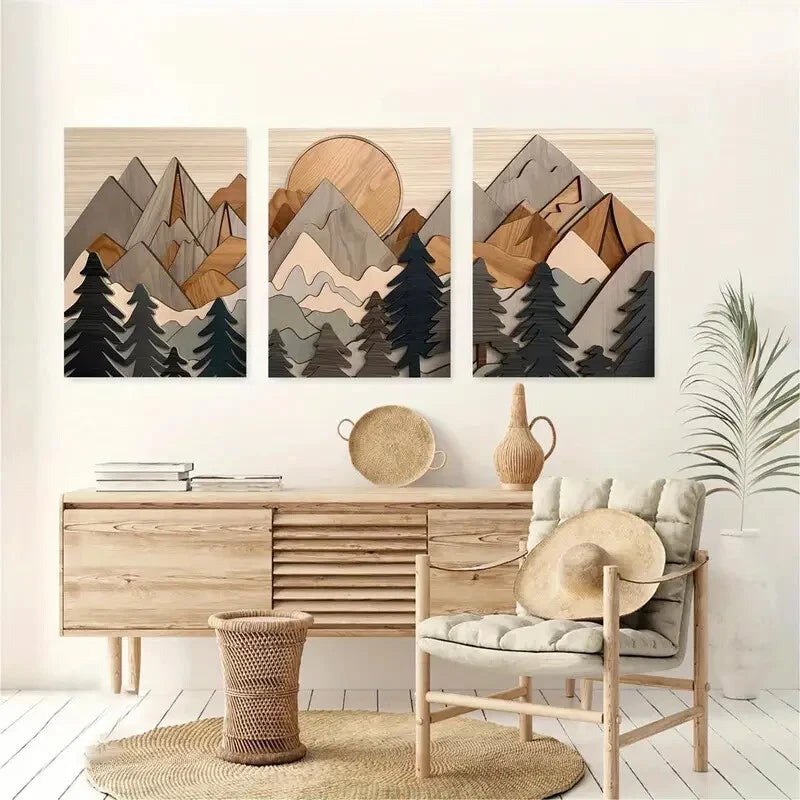 3-Piece Rustic Wood Effect Forest Art Painting - Metal Print Wall Decor Ready to Hang - Perfect for Living Room, Bedroom & Office Decor