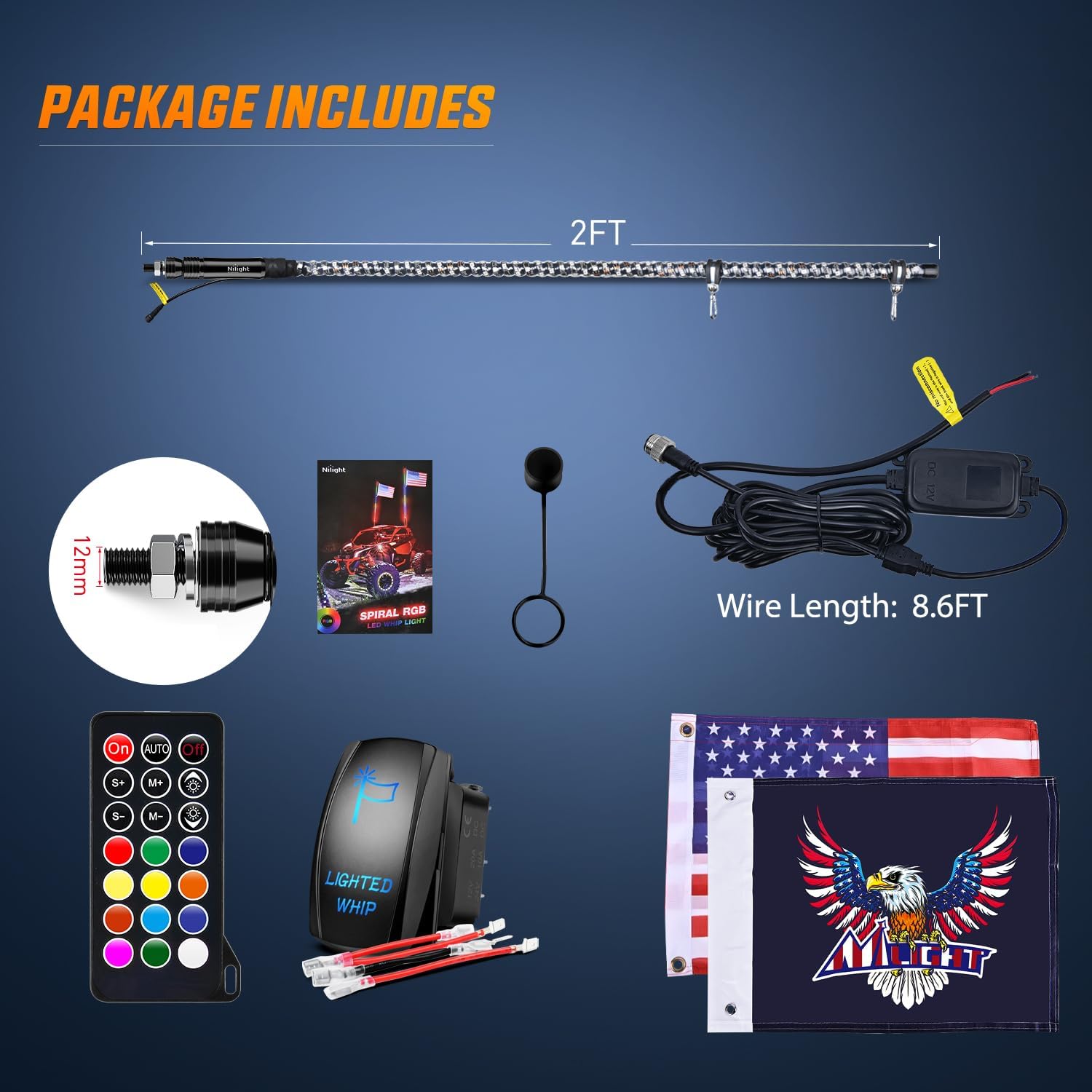 2FT Spiral Antenna LED Whip Light with RF Remote Control - 8.6FT Wire & 5Pin Switch for Off-Road Vehicles, ATV, UTV, Dune Buggies & Night Riding Accessories